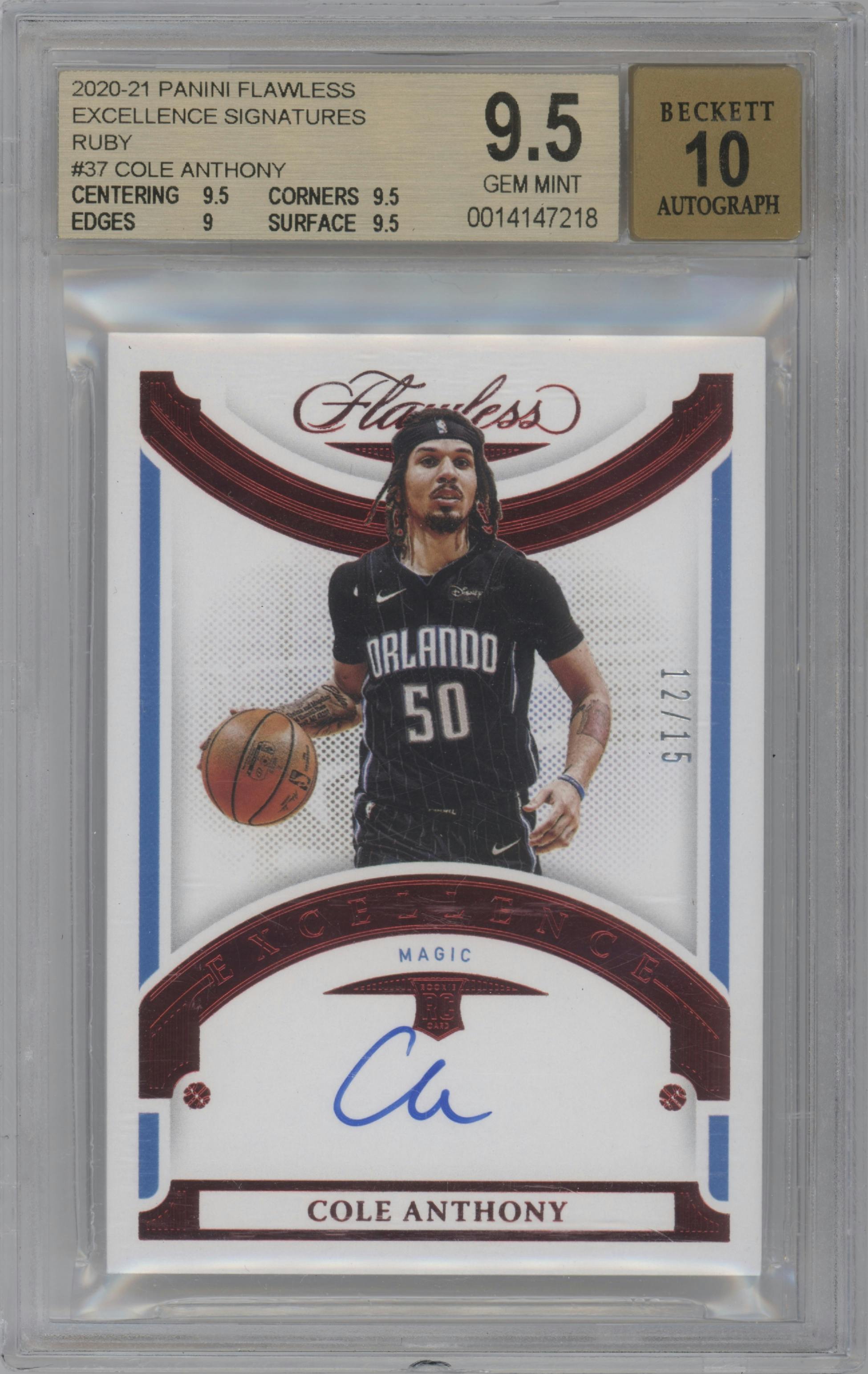 Cole Anthony from the 2020-21 Panini Flawless Basketball set featuring a Ruby parallel graded by Beckett and given an overall grade of 9.5.