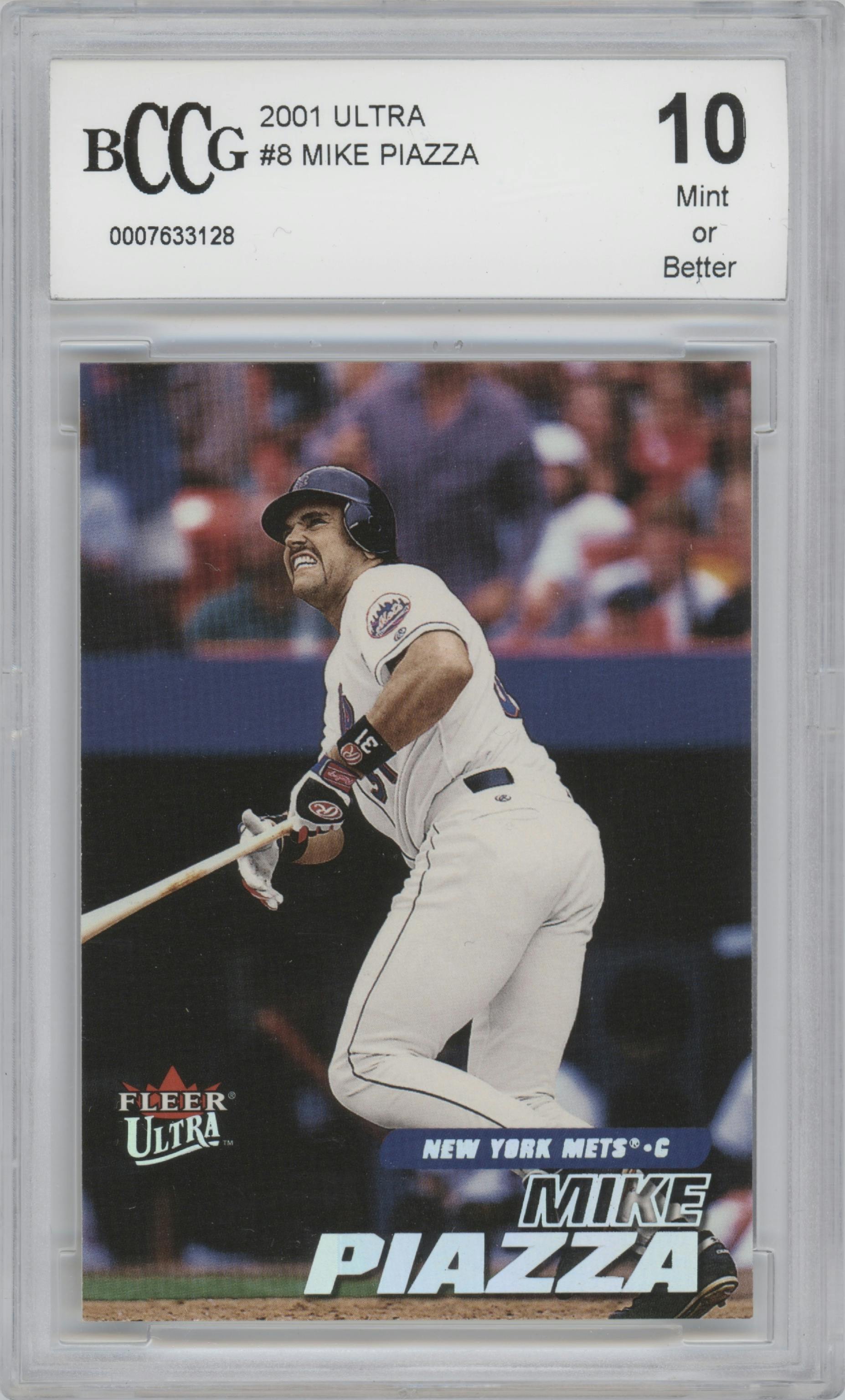Mike Piazza from the 2001 Fleer Ultra set graded by Beckett and given an overall grade of 10.