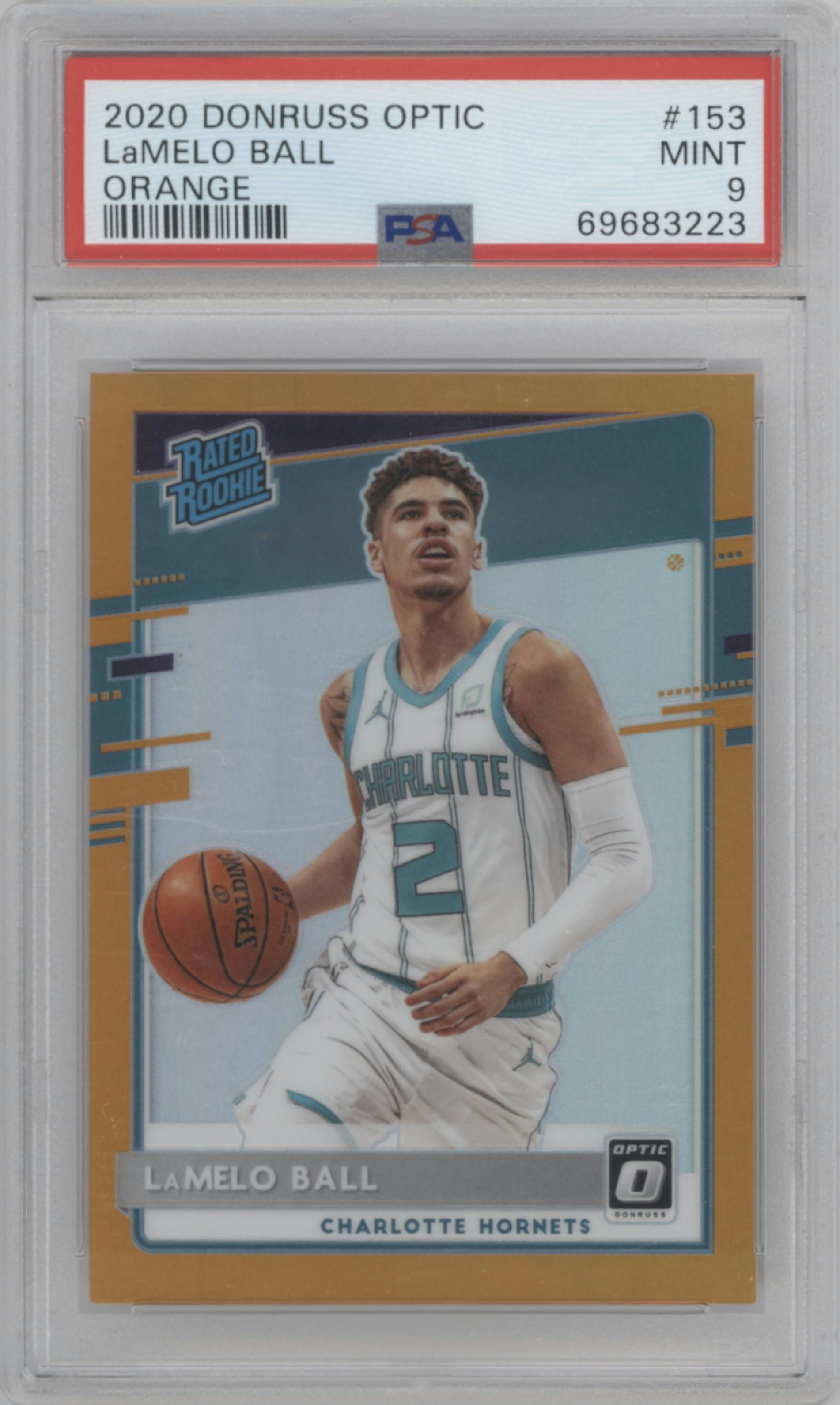 LaMelo Ball from the 2020-21 Panini Donruss Optic set featuring a Orange parallel graded by PSA and given an overall grade of 9.