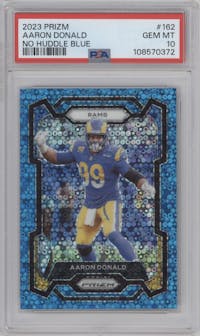 Aaron Donald from the 2023 Panini Prizm set featuring a No Huddle Blue parallel graded by PSA and given an overall grade of 10.