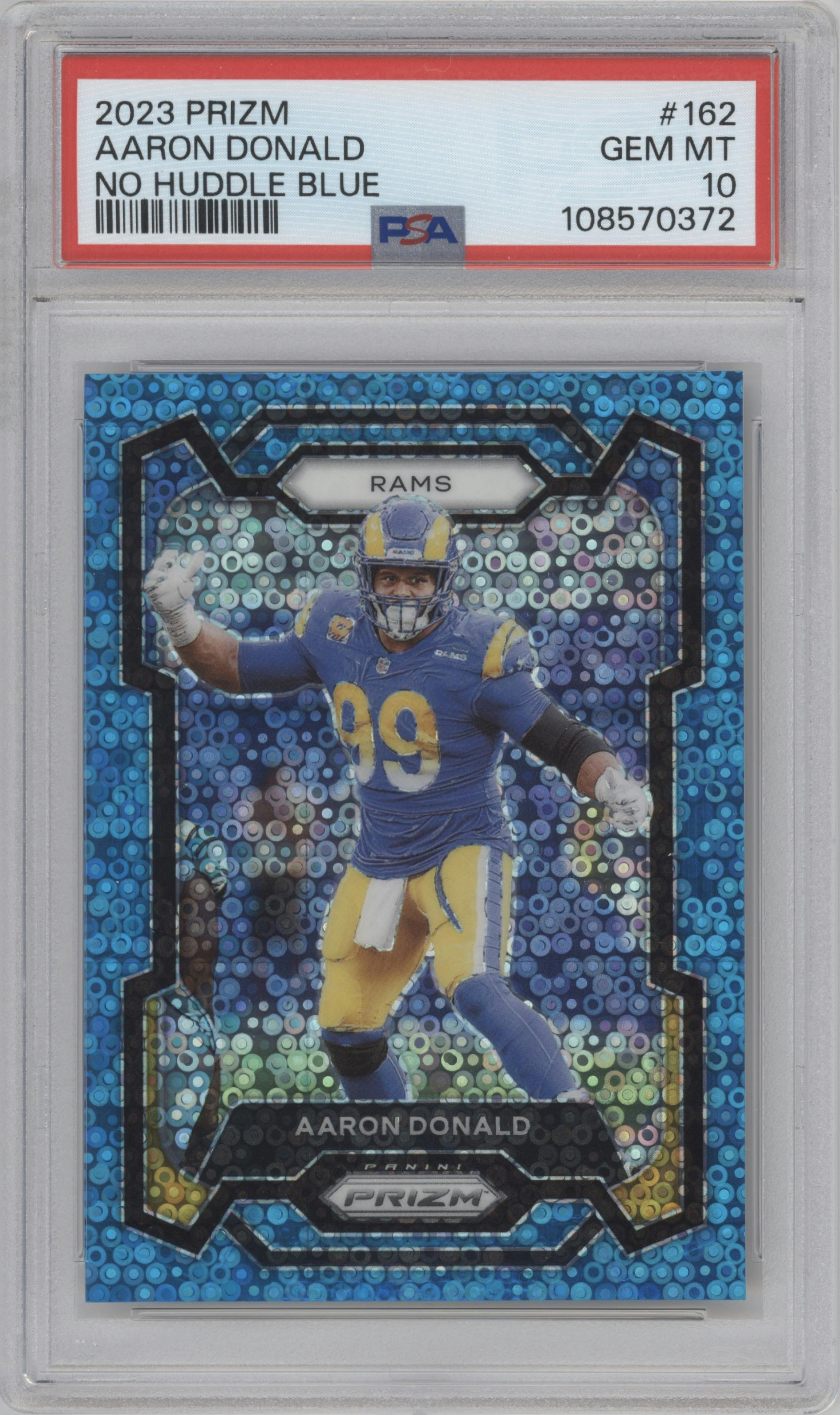 Aaron Donald from the 2023 Panini Prizm set featuring a No Huddle Blue parallel graded by PSA and given an overall grade of 10.