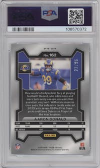 Aaron Donald from the 2023 Panini Prizm set featuring a No Huddle Blue parallel graded by PSA and given an overall grade of 10.