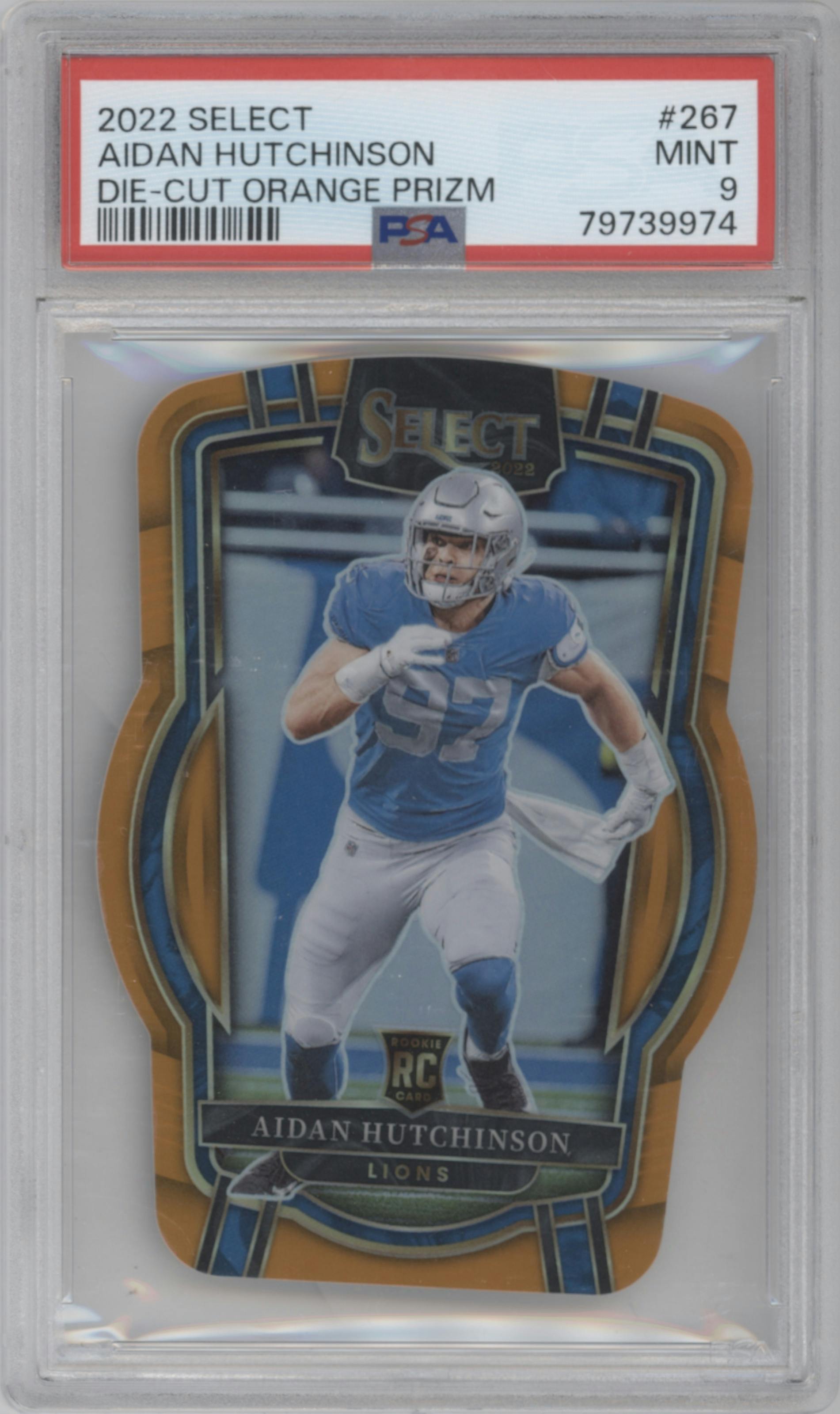 Aidan Hutchinson from the 2022 Panini Select set featuring a Die-Cut Orange parallel graded by PSA and given an overall grade of 9.