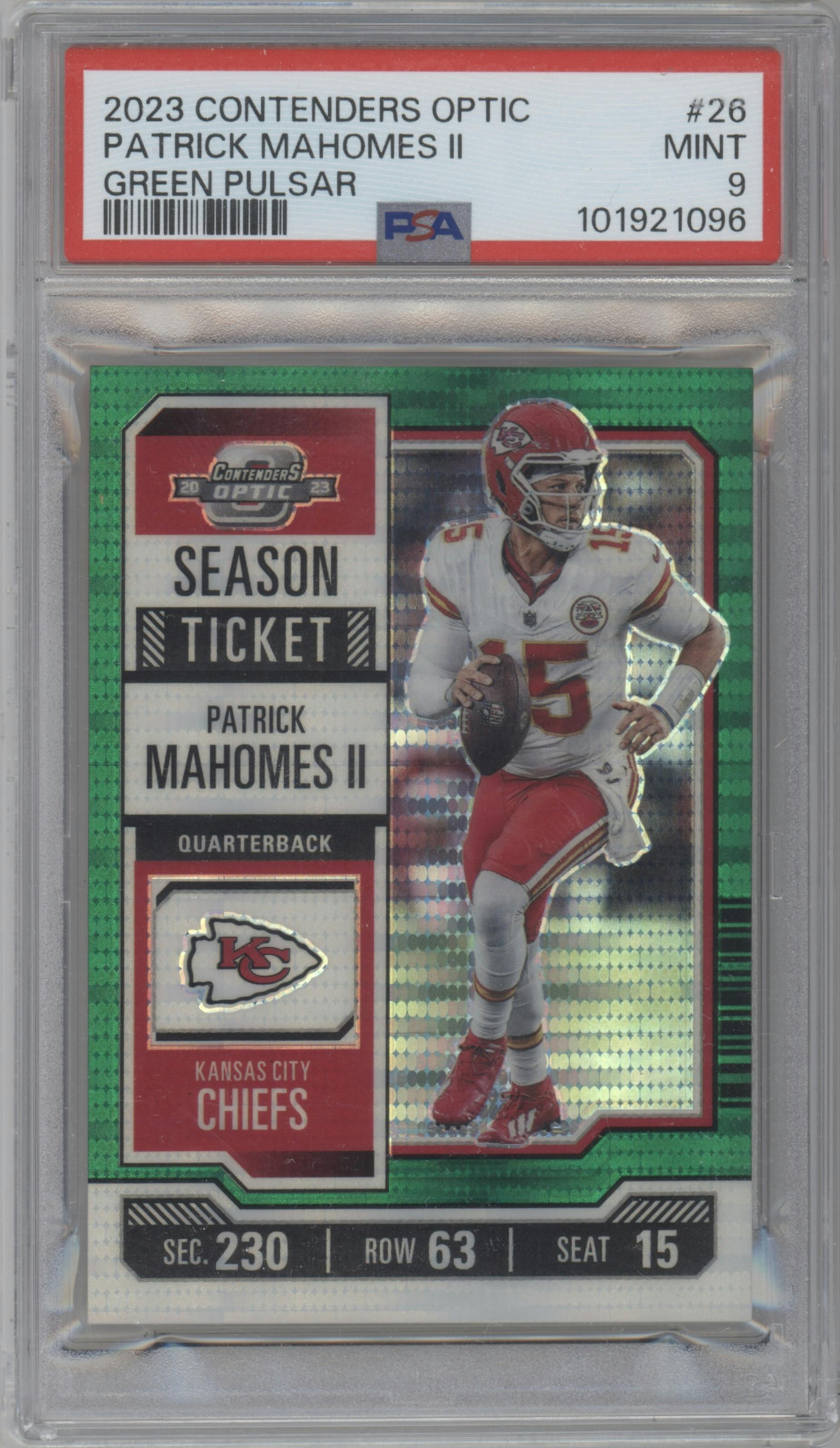 Patrick Mahomes II from the 2023 Panini Contenders Optic set featuring a Green Pulsar parallel graded by PSA and given an overall grade of 9.