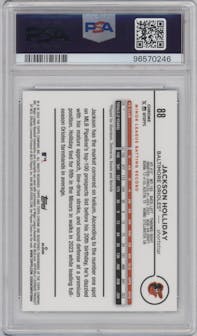Jackson Holliday from the 2024 Topps Chrome set featuring a Prism Refractor parallel graded by PSA and given an overall grade of 9.
