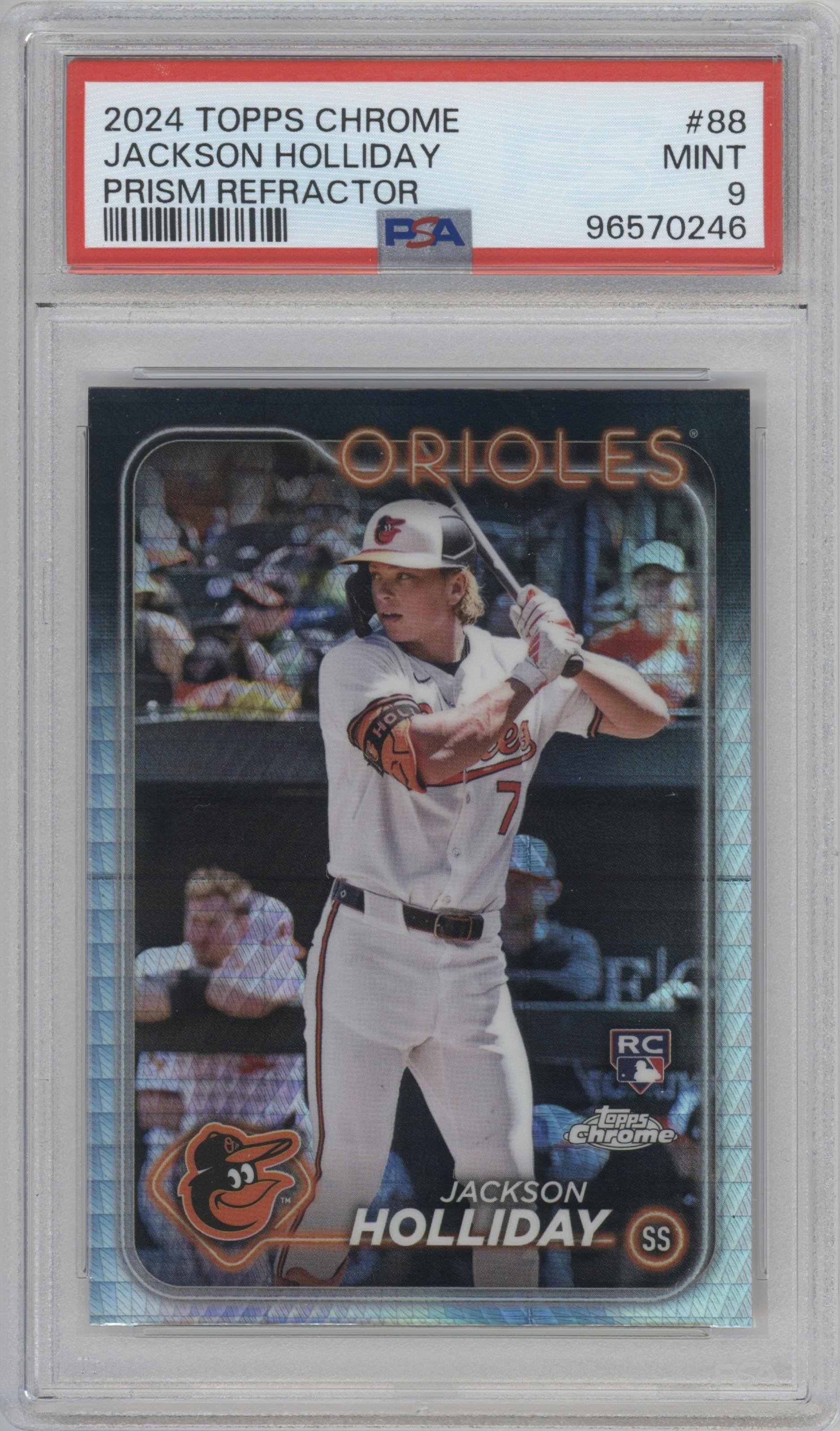 Jackson Holliday from the 2024 Topps Chrome set featuring a Prism Refractor parallel graded by PSA and given an overall grade of 9.