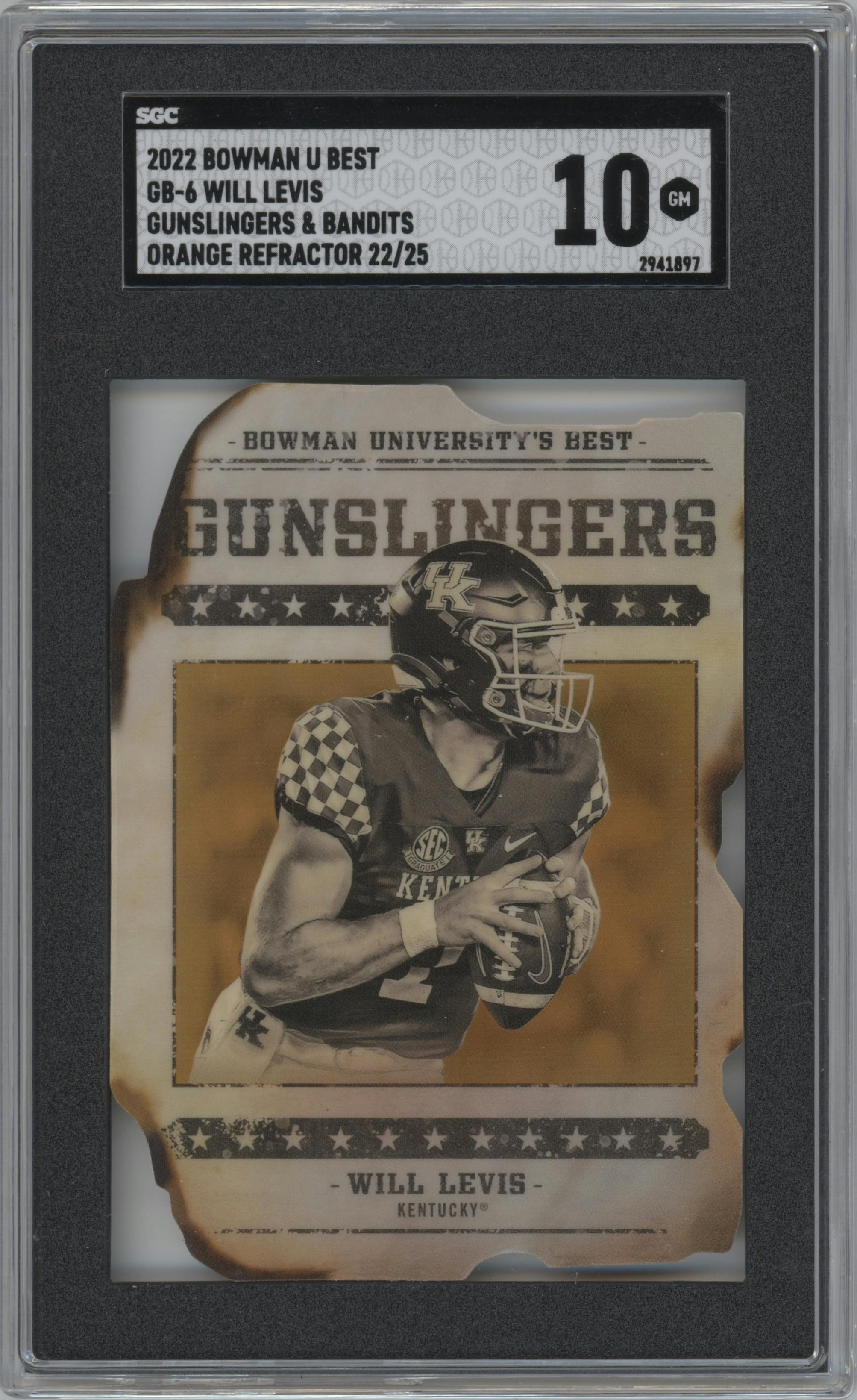 Will Levis from the 2022-23 Bowman’s Best University  set featuring a Orange Refractor  parallel graded by SGC and given an overall grade of 10.