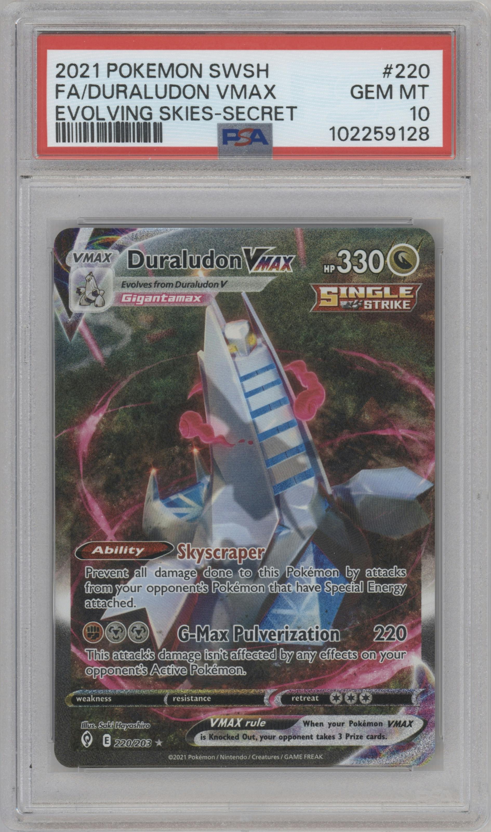 Duraludon VMAX from the 2021 Pokemon SWSH set graded by PSA and given an overall grade of 10.