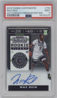 Naz Reid from the 2019-20 Panini Contenders set featuring a Premium Edition parallel graded by PSA and given an overall grade of 9.