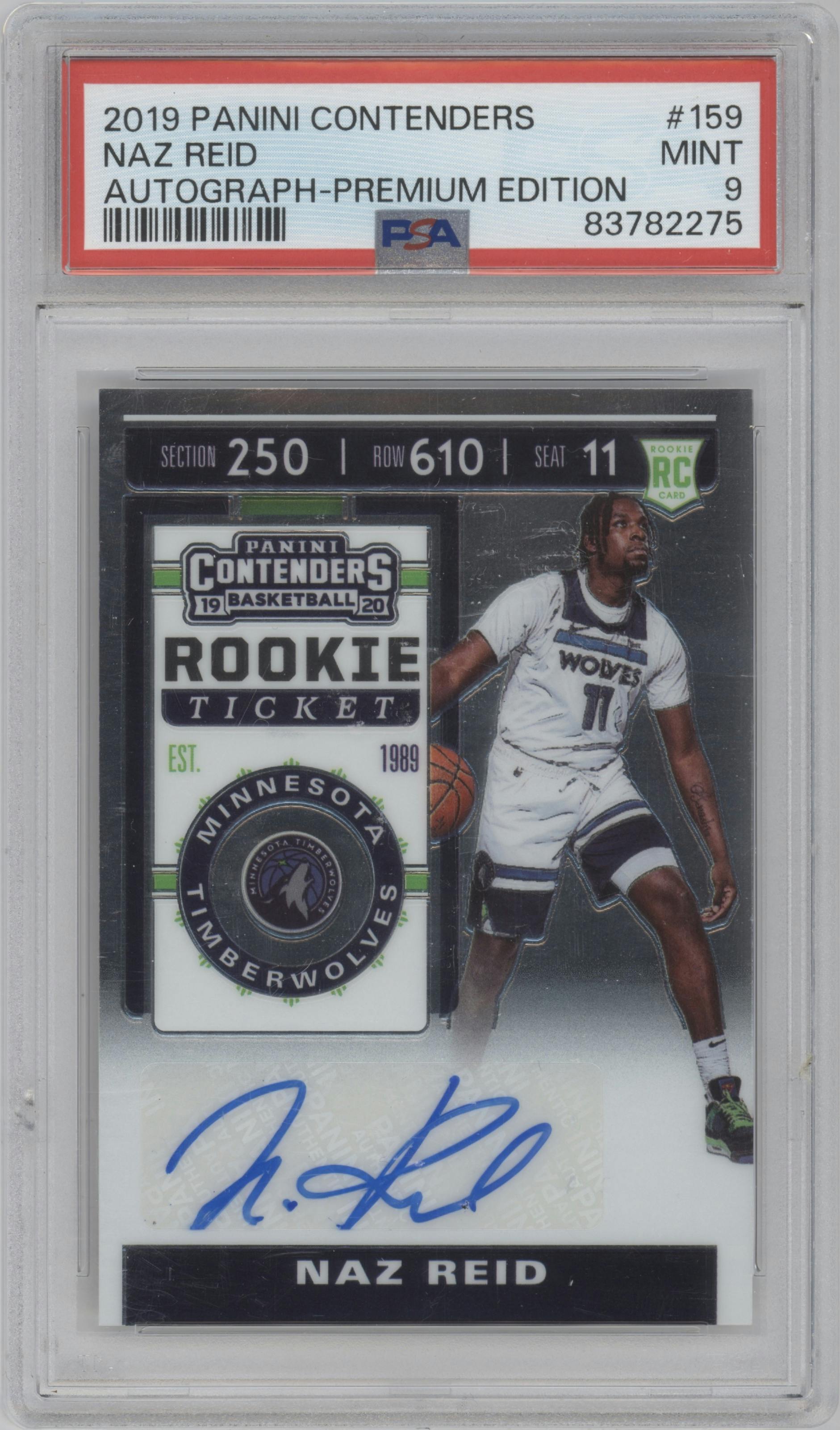Naz Reid from the 2019-20 Panini Contenders set featuring a Premium Edition parallel graded by PSA and given an overall grade of 9.