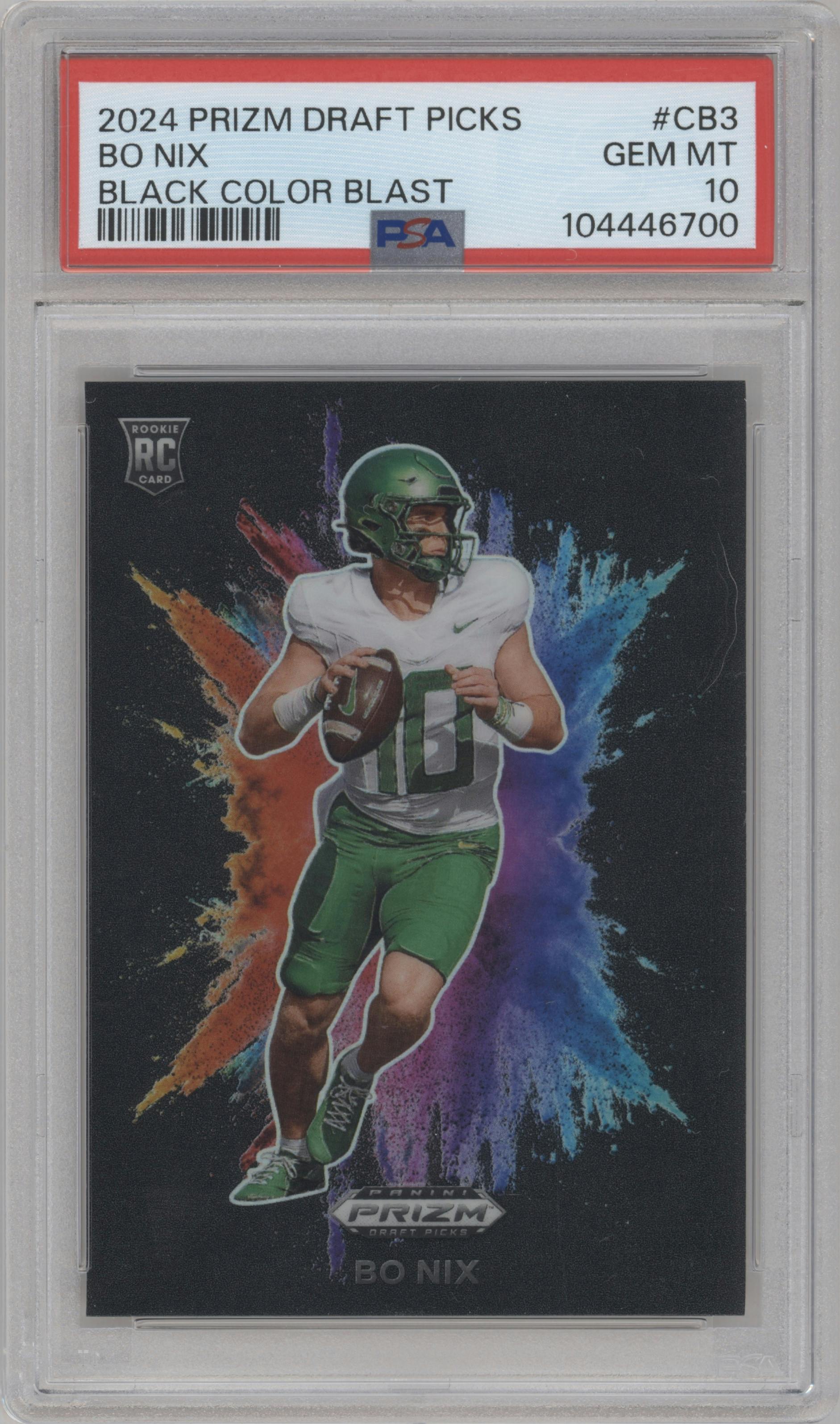 Bo Nix from the 2024 Panini Prizm Draft Picks set graded by PSA and given an overall grade of 10.