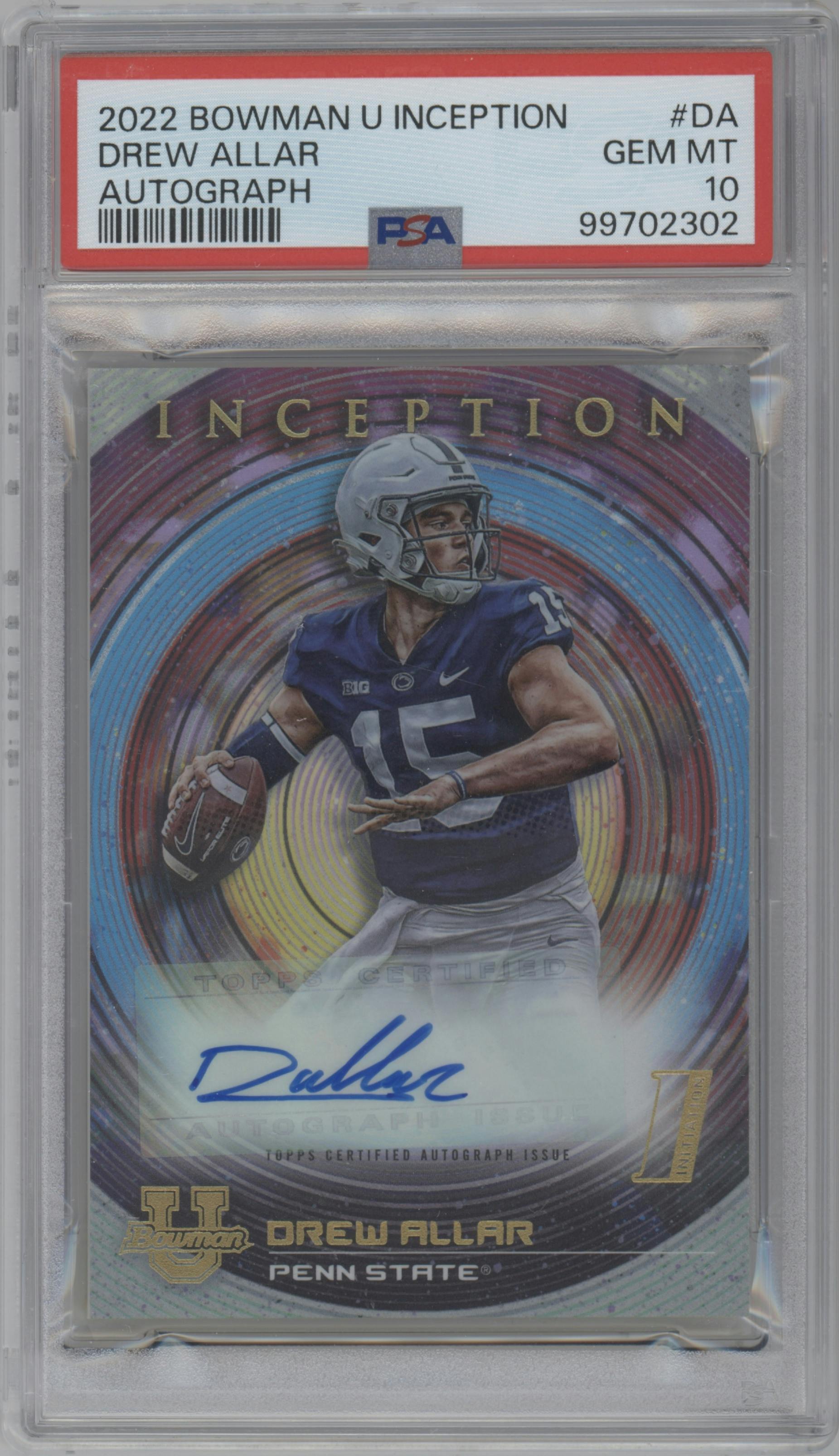 Drew Allar from the 2022-23 Bowman University Inception set graded by PSA and given an overall grade of 10.
