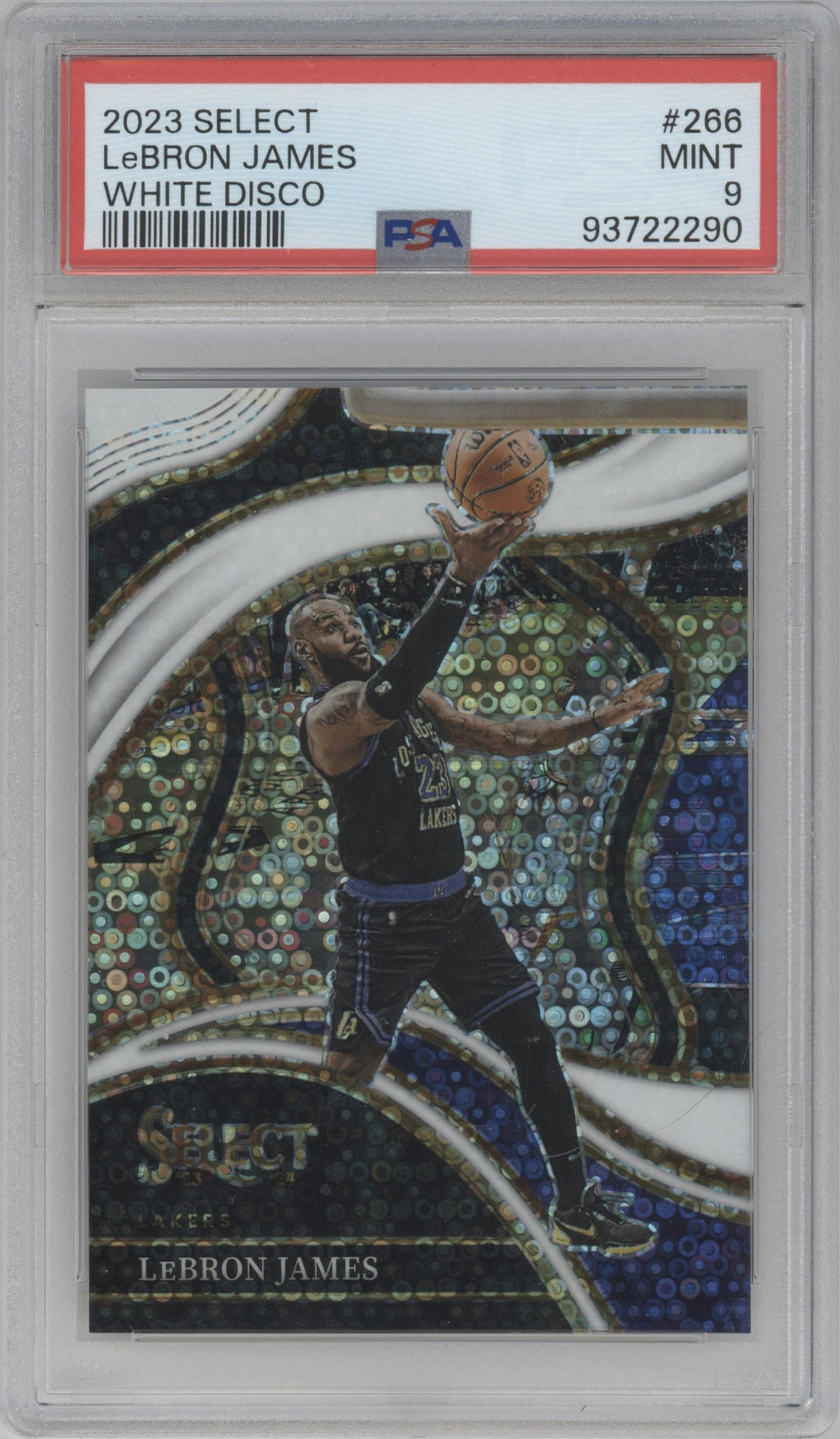 LeBron James from the 2023-24 Panini Select  set featuring a White Disco  parallel graded by PSA and given an overall grade of 9.