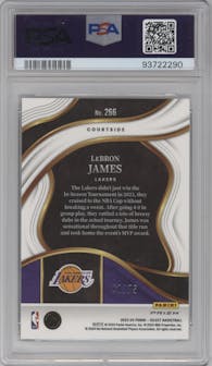 LeBron James from the 2023-24 Panini Select  set featuring a White Disco  parallel graded by PSA and given an overall grade of 9.