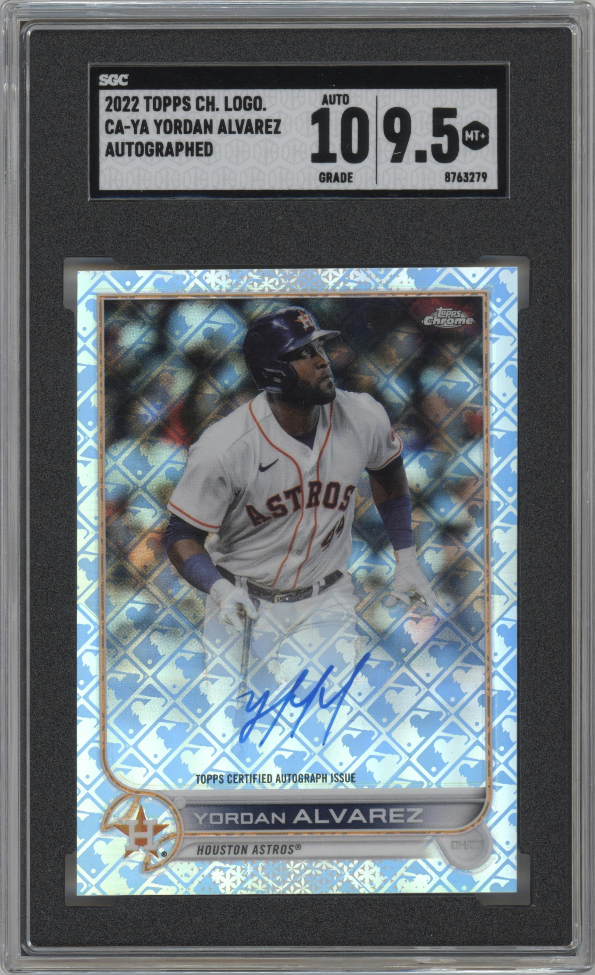 Yordan Alvarez from the 2022 Topps Chrome Logofractor set graded by SGC and given an overall grade of 9.5.