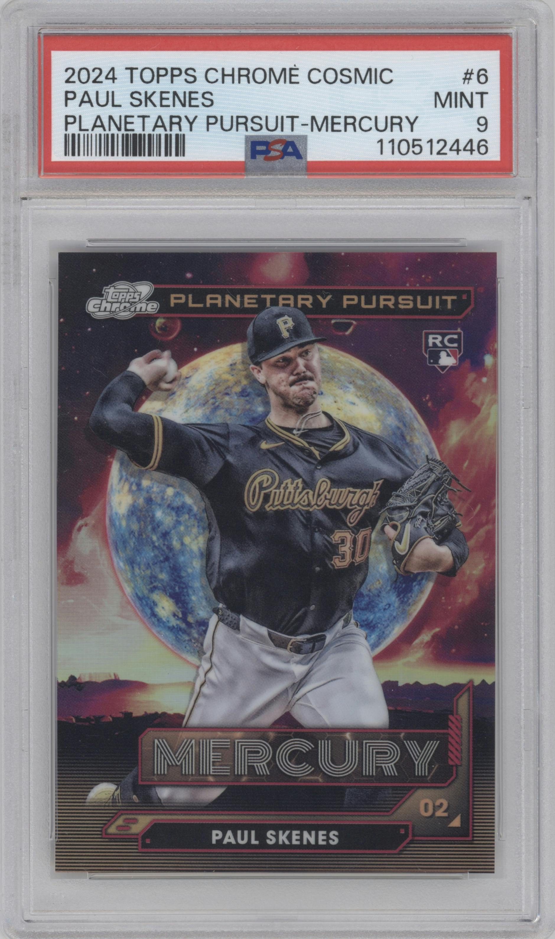 Paul Skenes from the 2024 Topps Cosmic Chrome set graded by PSA and given an overall grade of 9.