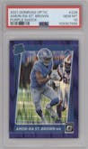 Amon-Ra St. Brown from the 2021 Panini Donruss Optic set featuring a Purple Shock parallel graded by PSA and given an overall grade of 10.