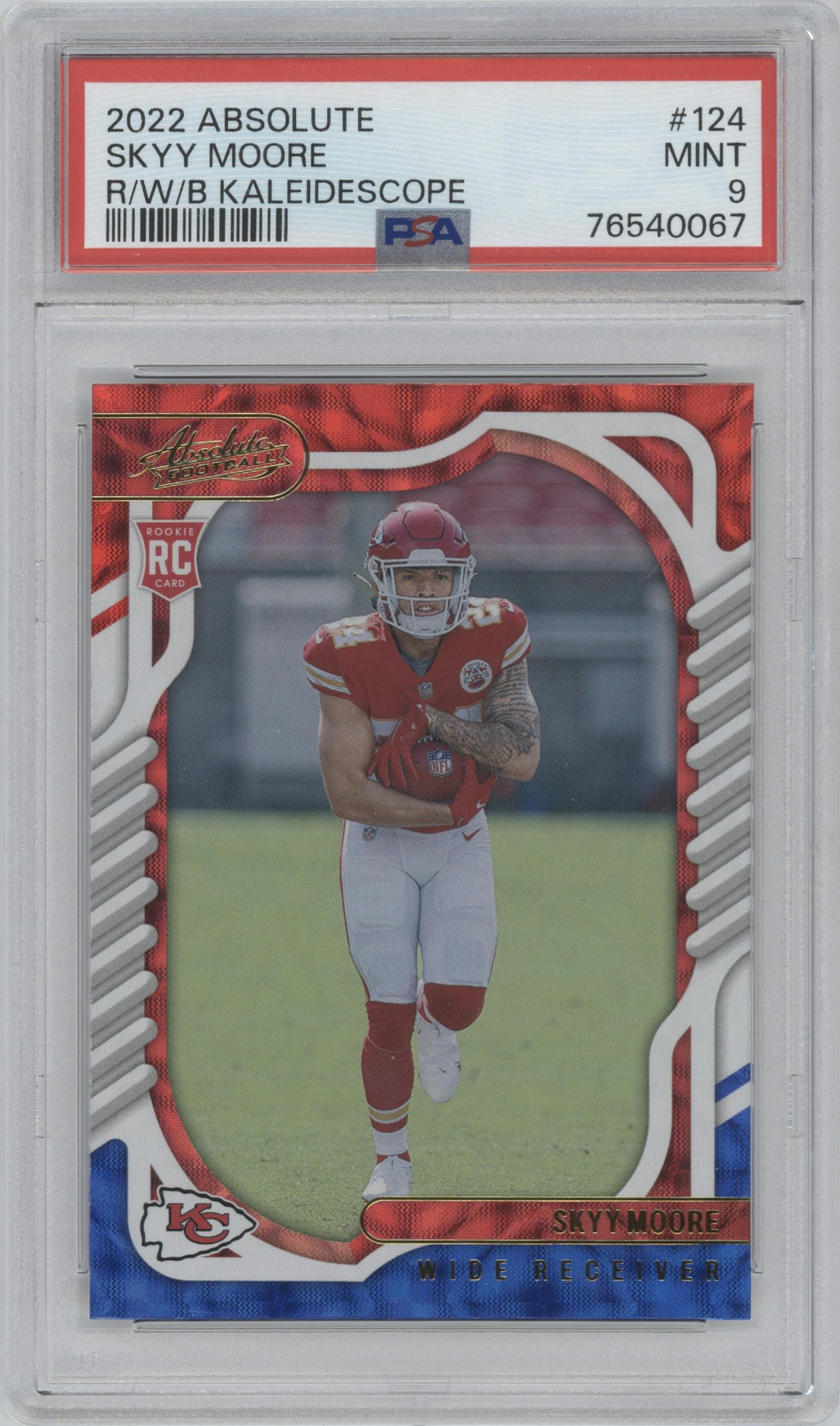 Skyy Moore from the 2022 Panini Absolute set featuring a Red White & Blue Kaleidoscope parallel graded by PSA and given an overall grade of 9.