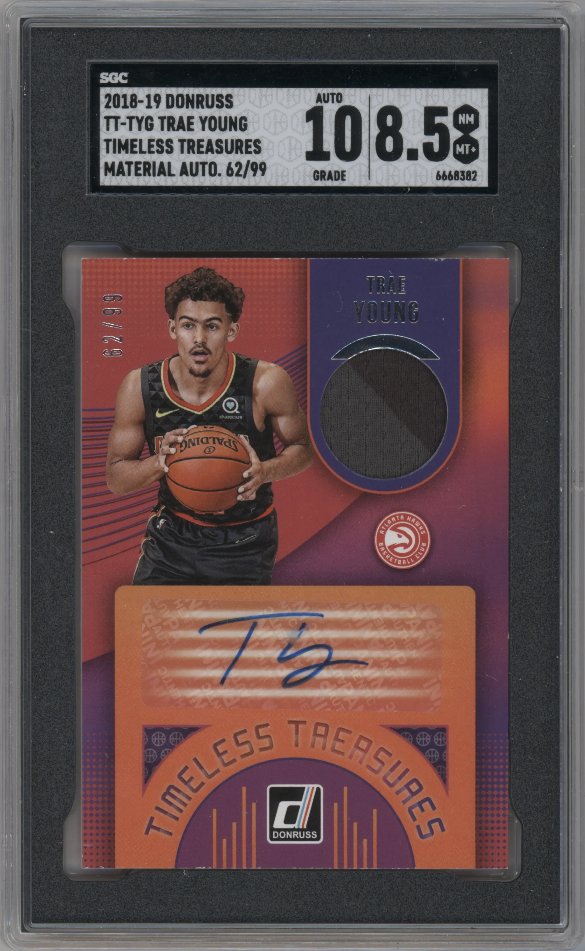 2018 Panini Donruss Tmls.Treas.Mat.Sig. Trae Young #TT-TYG SGC 8.5