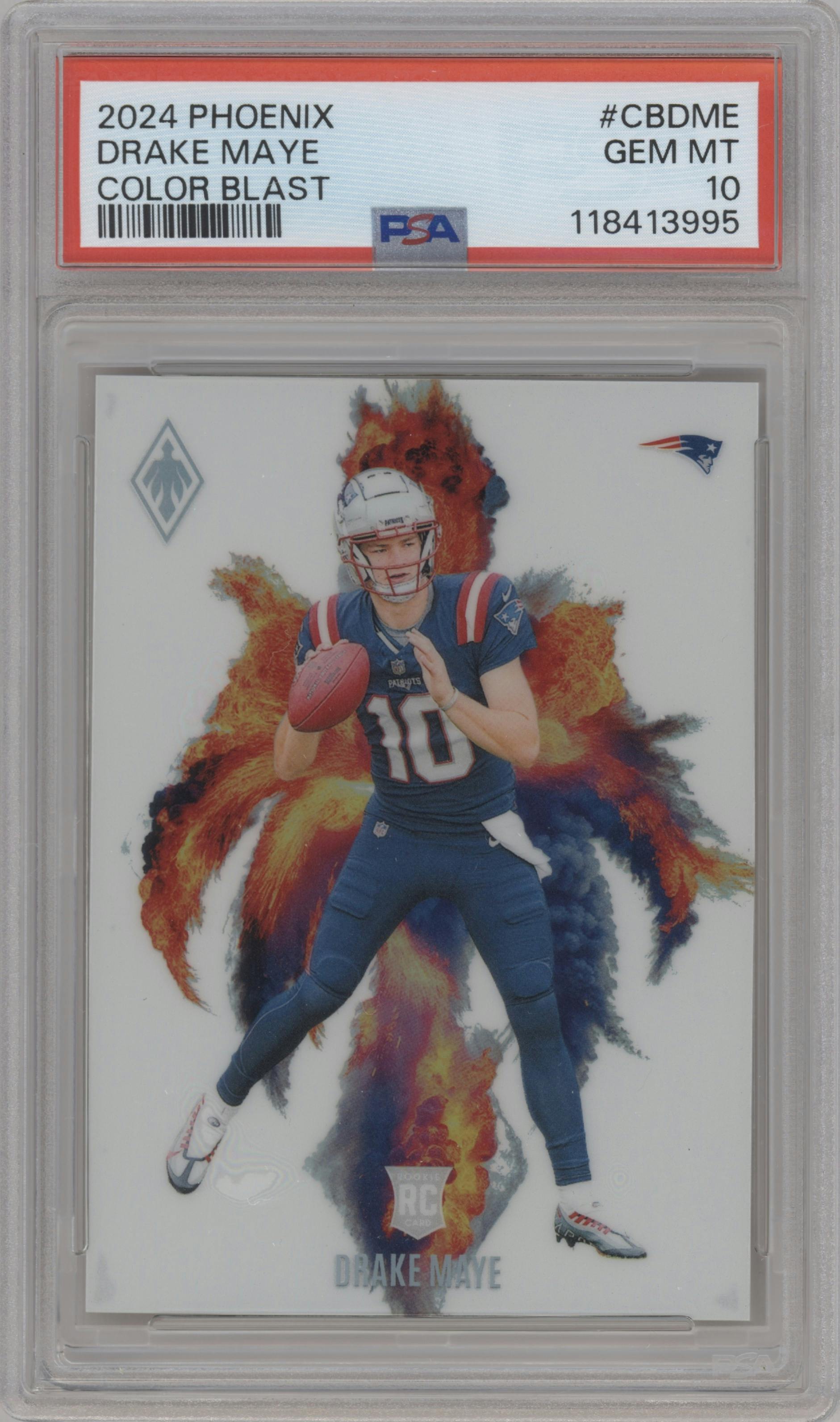 Drake Maye from the 2024 Panini Phoenix set graded by PSA and given an overall grade of 10.