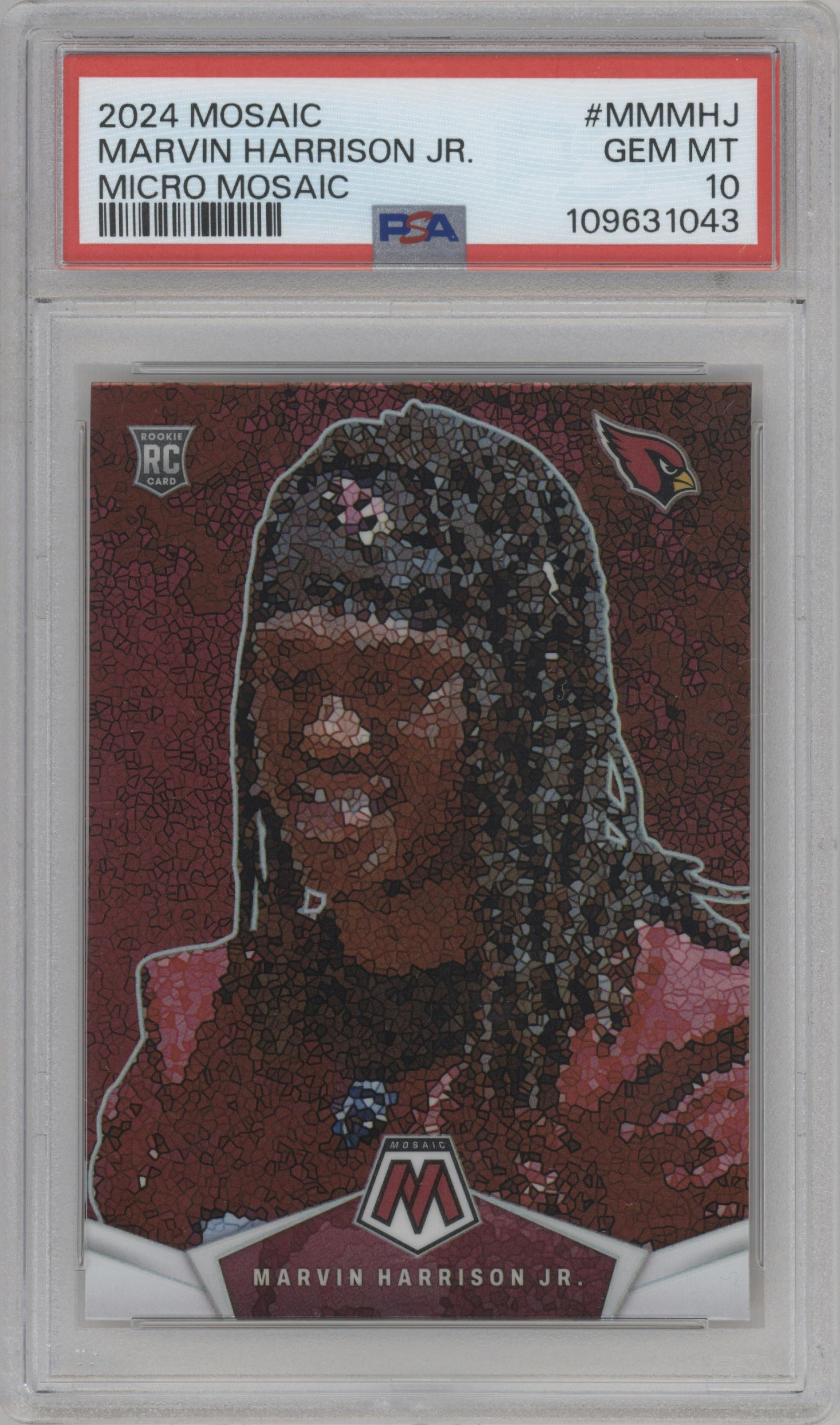 Marvin Harrison Jr. from the 2024 Panini Mosaic set graded by PSA and given an overall grade of 10.
