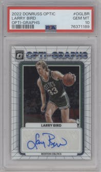 Larry Bird from the 2022-23 Panini Donruss Optic  set graded by PSA and given an overall grade of 10.