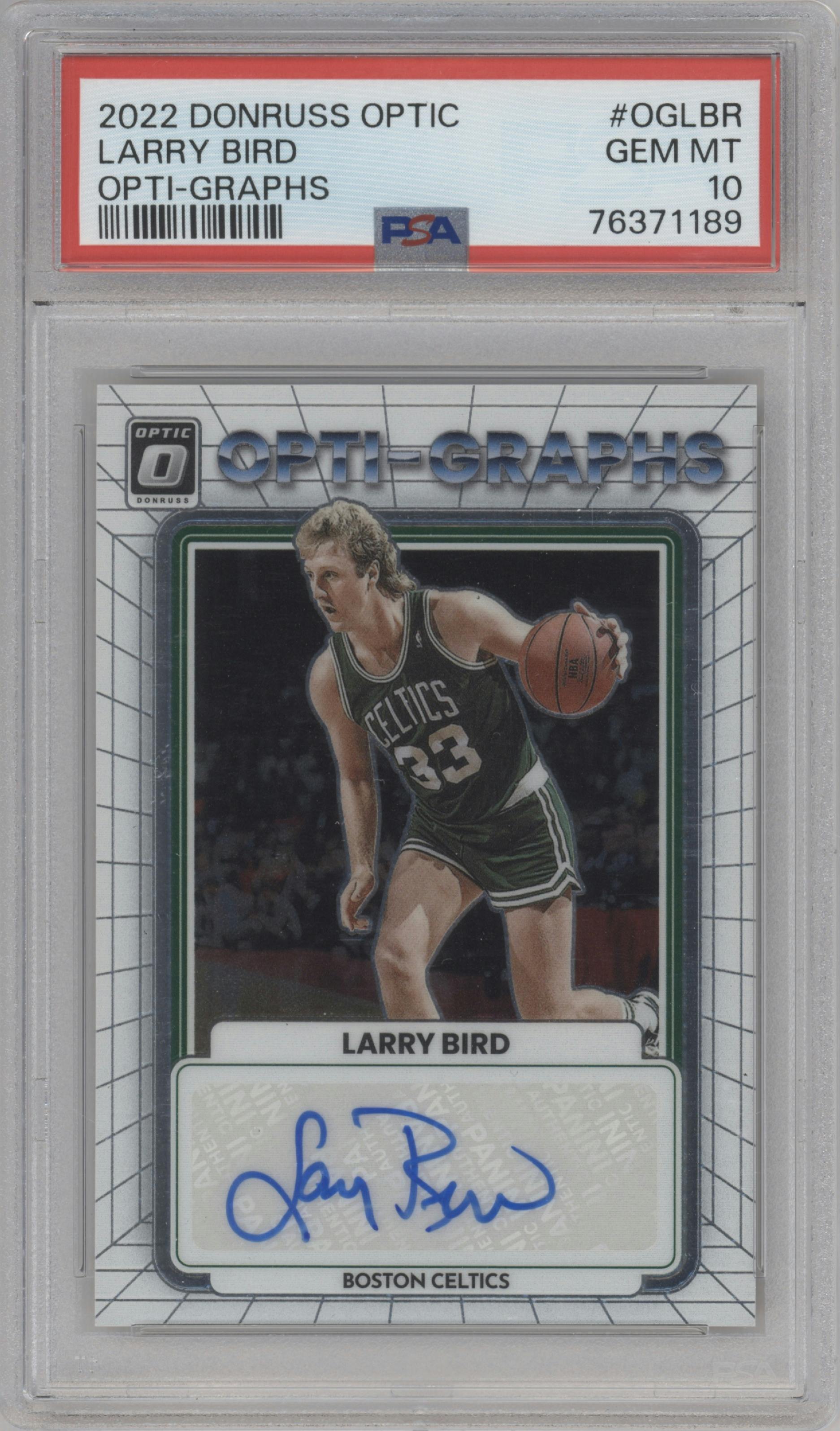 Larry Bird from the 2022-23 Panini Donruss Optic  set graded by PSA and given an overall grade of 10.