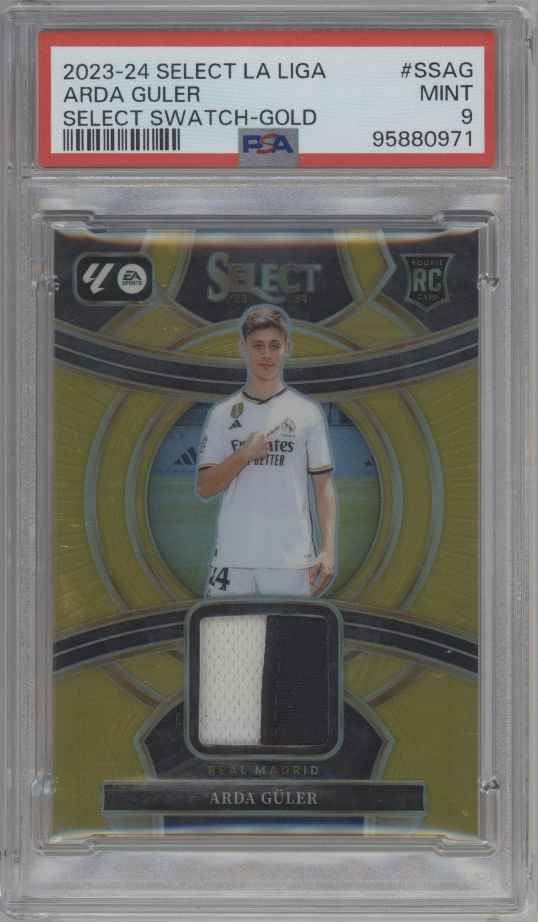 Arda Guler from the 2023-24 Panini Select La Liga set featuring a Gold parallel graded by PSA and given an overall grade of 9.