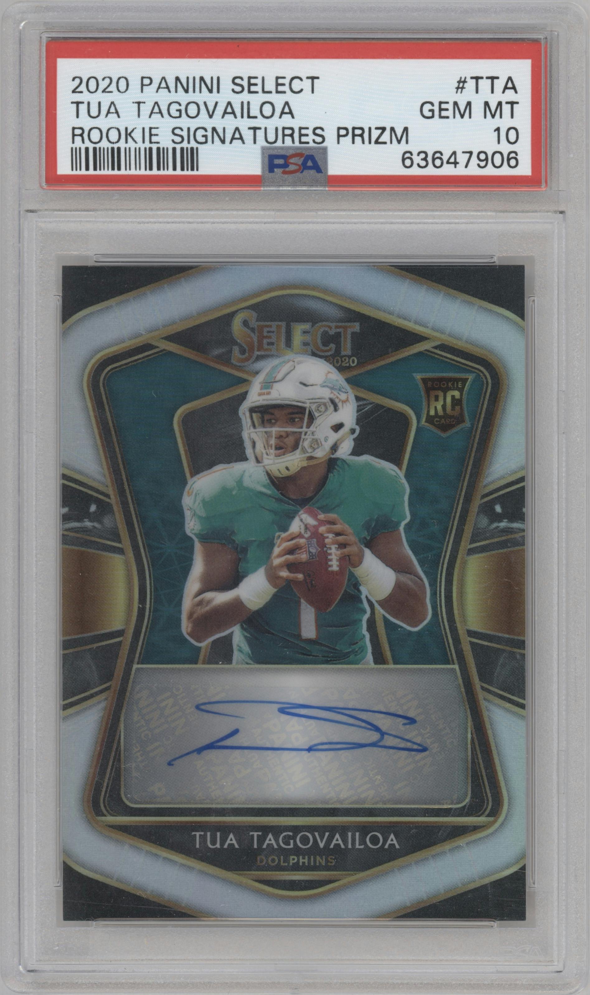 Tua Tagovailoa from the 2020 Panini Select set graded by PSA and given an overall grade of 10.