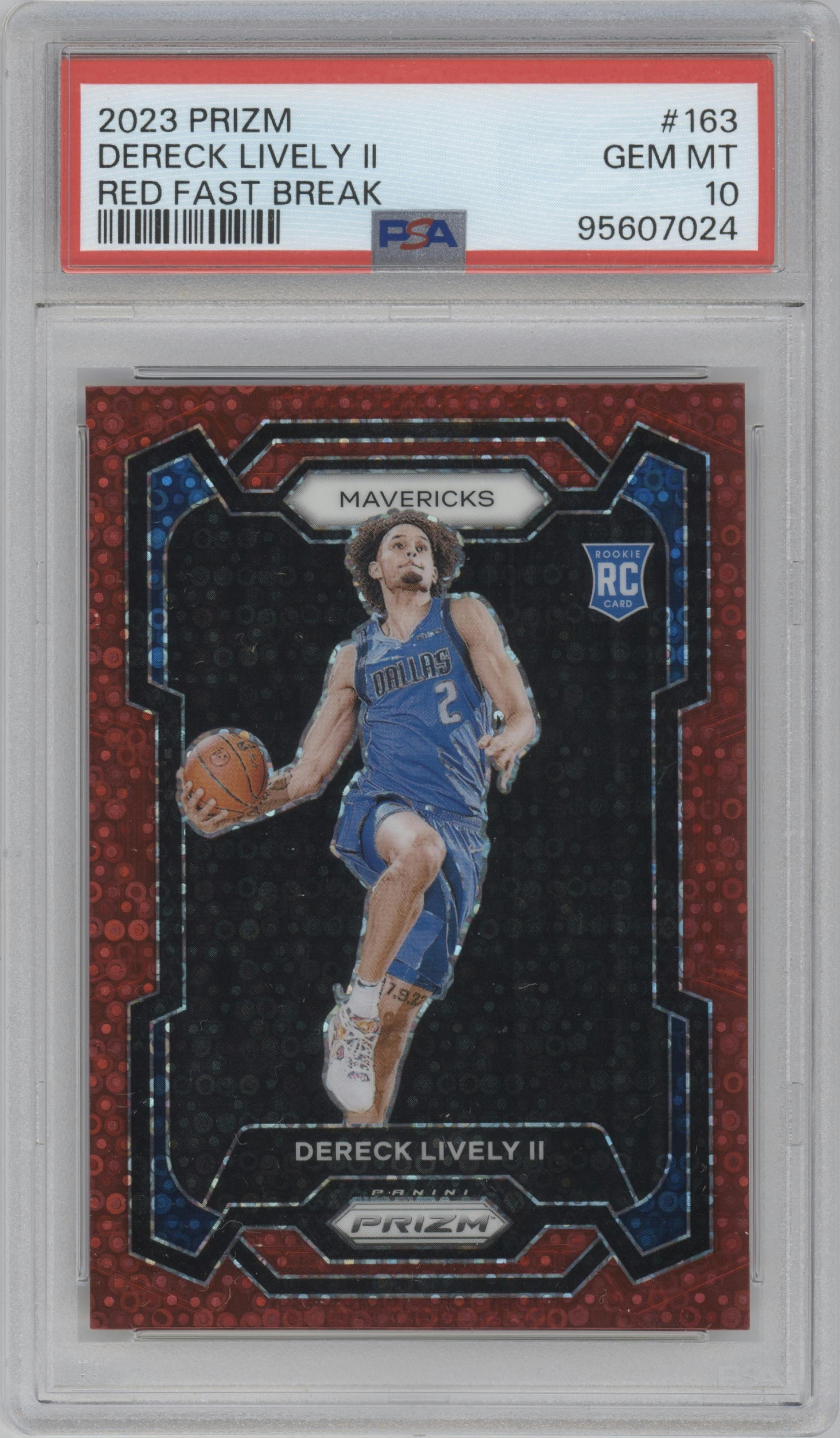 Dereck Lively II from the 2023-24 Panini Prizm set featuring a Fast Break Red parallel graded by PSA and given an overall grade of 10.