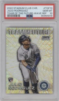 Julio Rodriguez from the 2022 Stadium Club Chrome set featuring a Wave Refractor parallel graded by PSA and given an overall grade of 10.