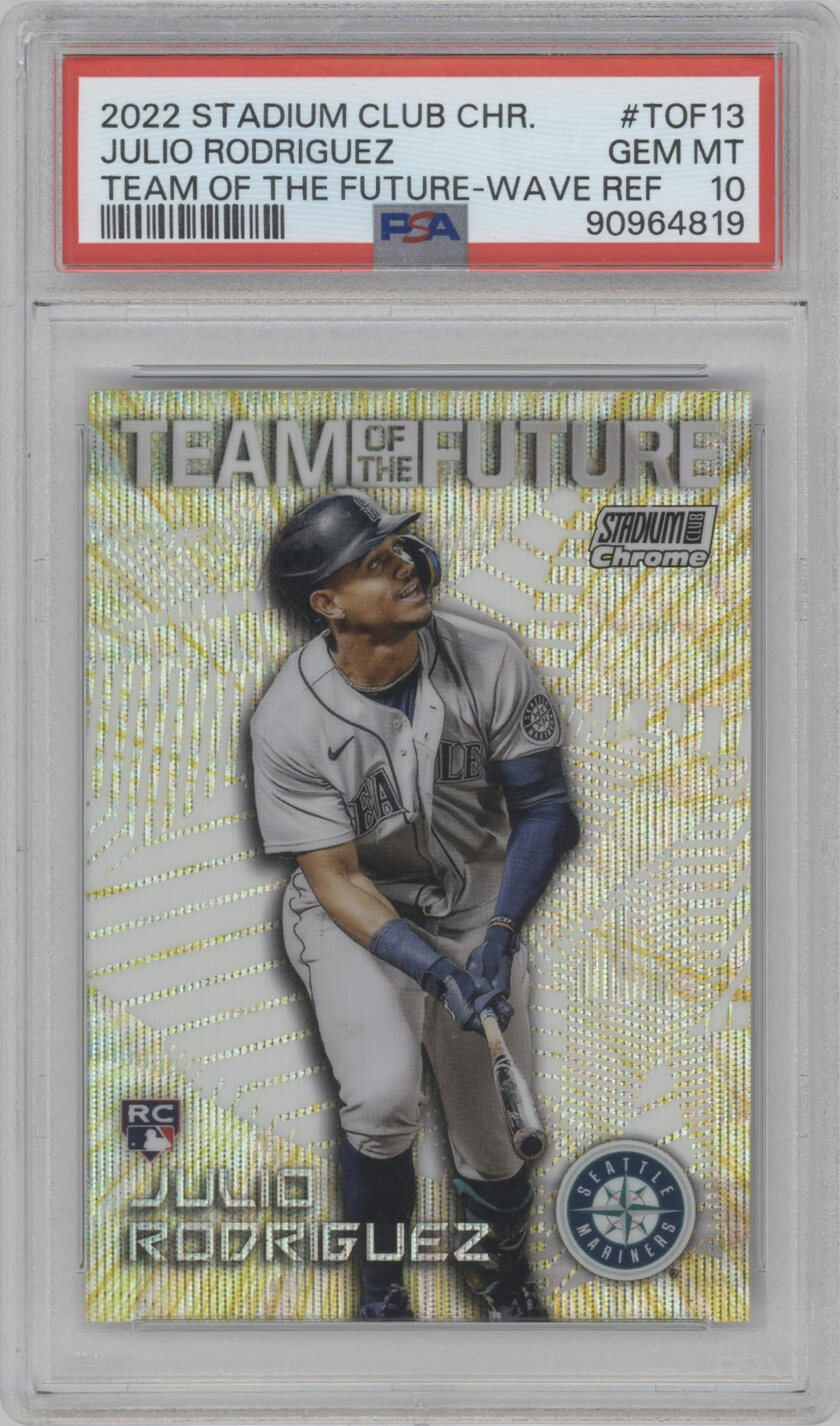 Julio Rodriguez from the 2022 Stadium Club Chrome set featuring a Wave Refractor parallel graded by PSA and given an overall grade of 10.