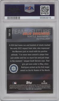 Julio Rodriguez from the 2022 Stadium Club Chrome set featuring a Wave Refractor parallel graded by PSA and given an overall grade of 10.
