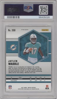 Jaylen Waddle from the 2021 Panini Mosaic set featuring a Honeycomb parallel graded by PSA and given an overall grade of 10.