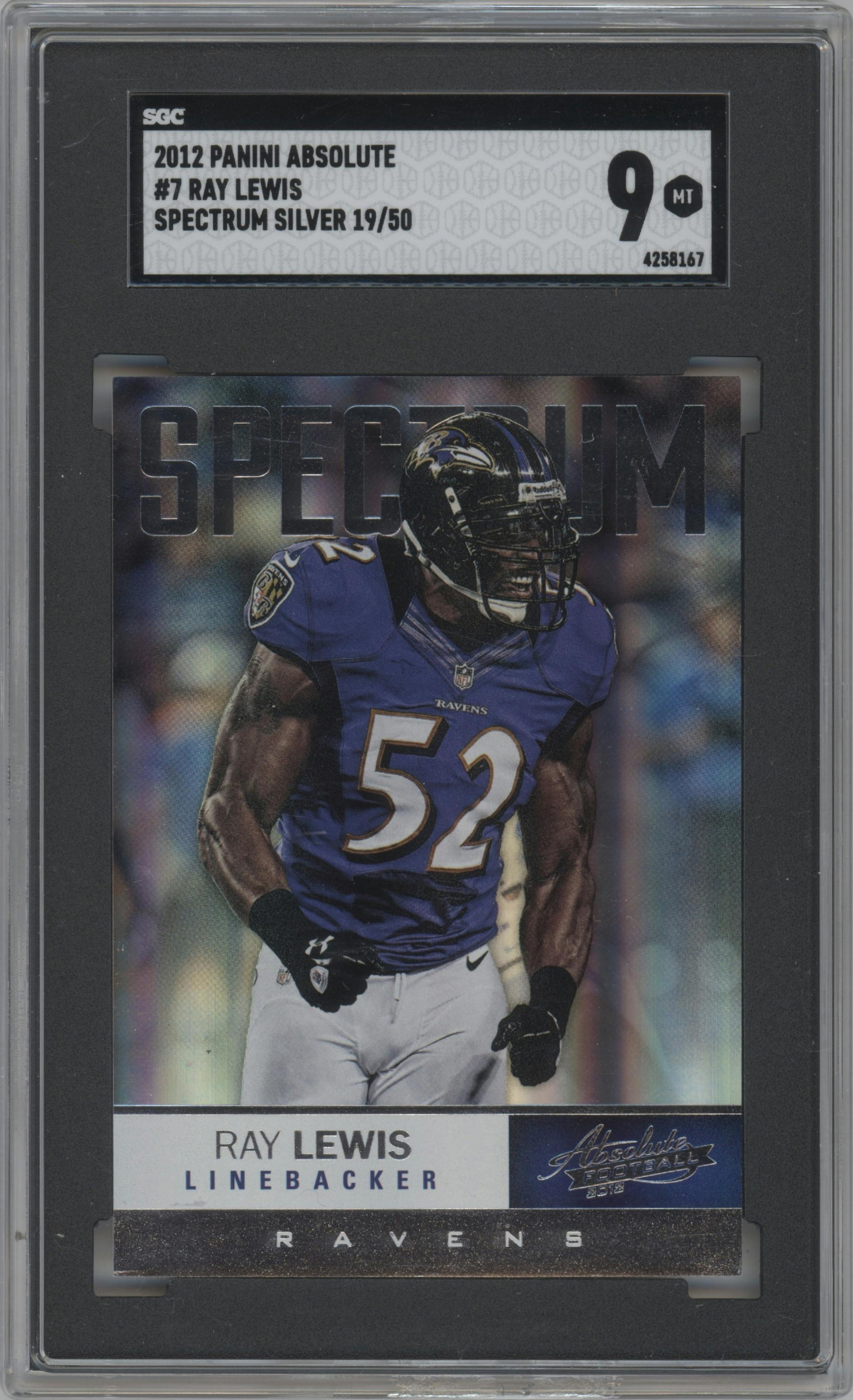 Ray Lewis from the 2012 Absolute Football set featuring a Spectrum Silver parallel graded by SGC and given an overall grade of 9.