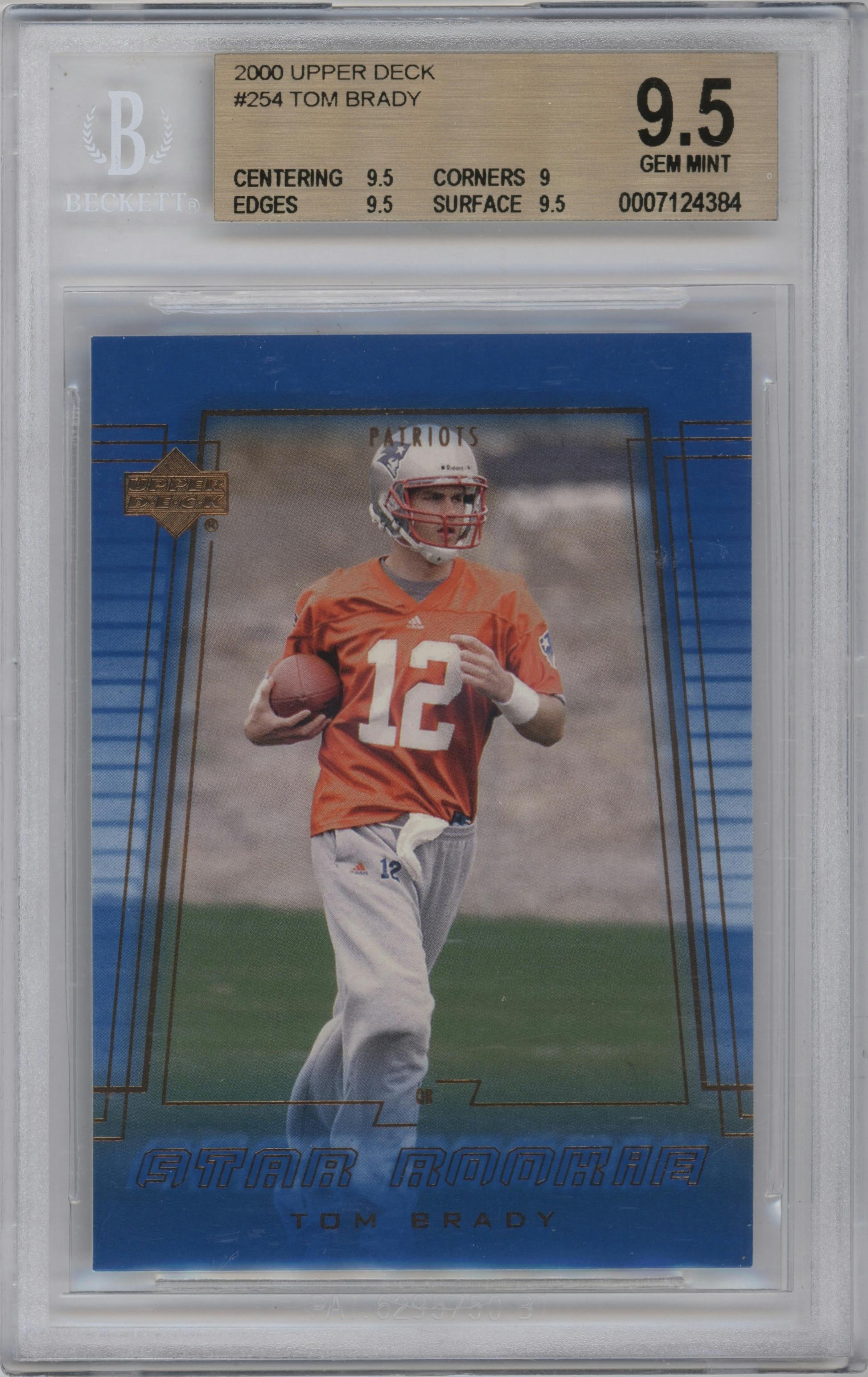 Tom Brady from the 2000 Upper Deck set graded by Beckett and given an overall grade of 9.5.