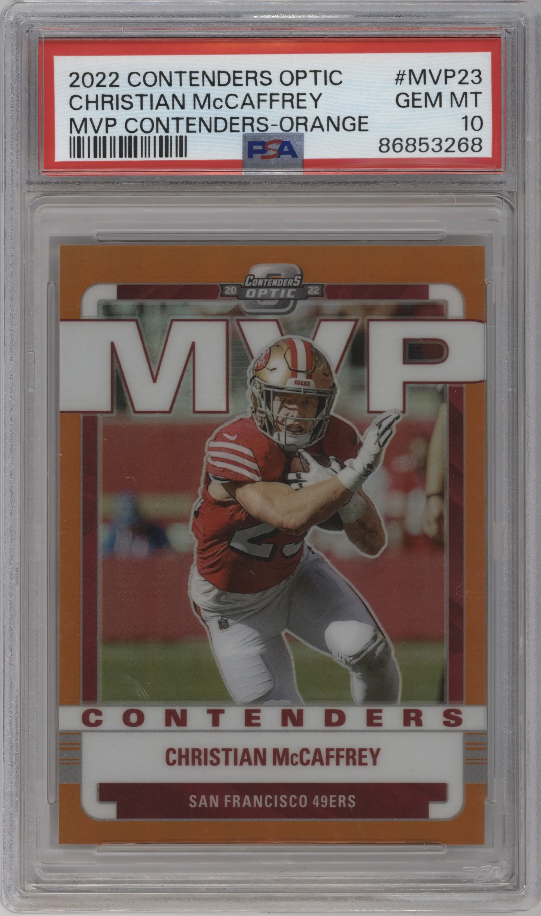 2022 Panini Contenders Optic MVP Contenders Christian McCaffrey Orange #MVP-23 PSA 10