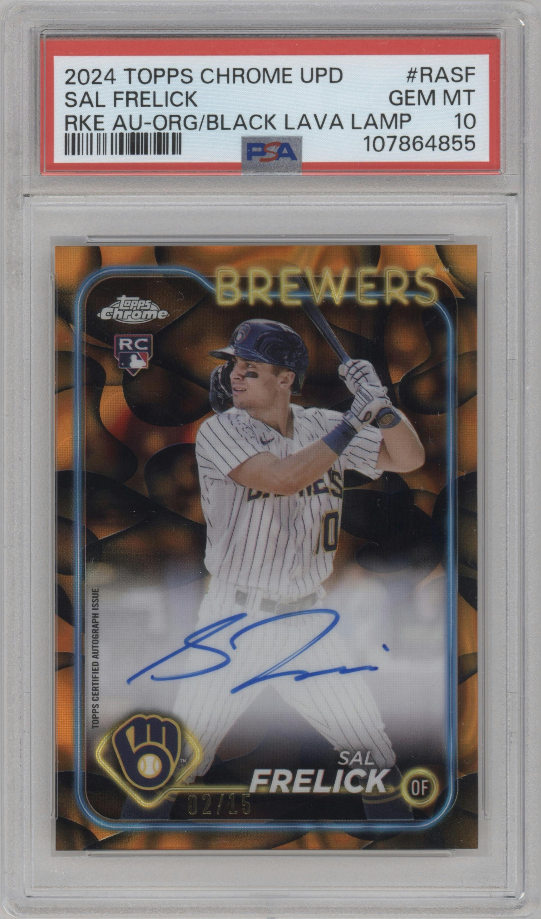 Sal Frelick from the 2024 Topps Chrome Update set featuring a Lava Lamp Orange/Black Refractor parallel graded by PSA and given an overall grade of 10.