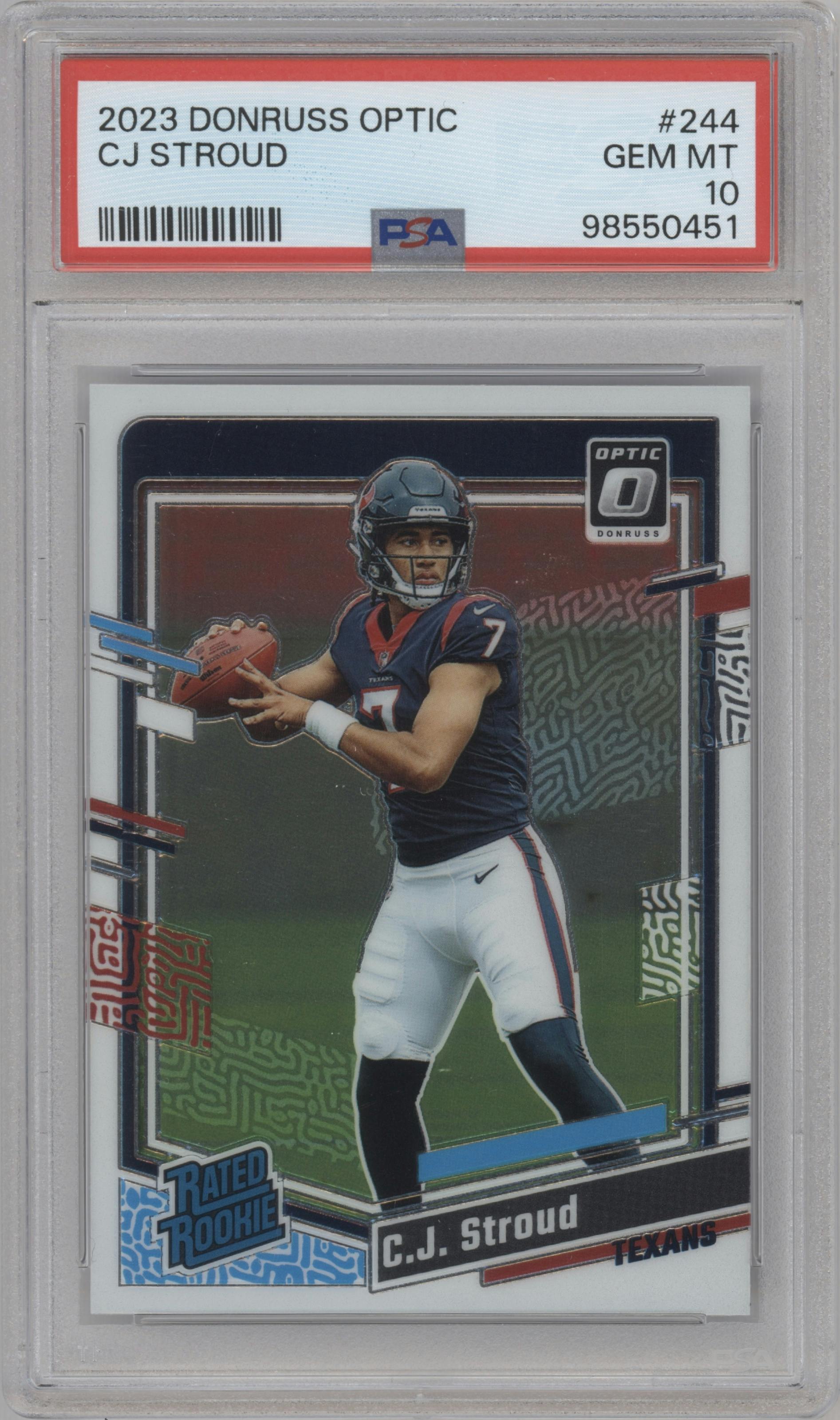C.J. Stroud from the 2023 Donruss Optic set graded by PSA and given an overall grade of 10.