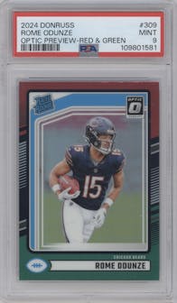 Rome Odunze from the 2024 Donruss set featuring a Red and Green parallel graded by PSA and given an overall grade of 9.