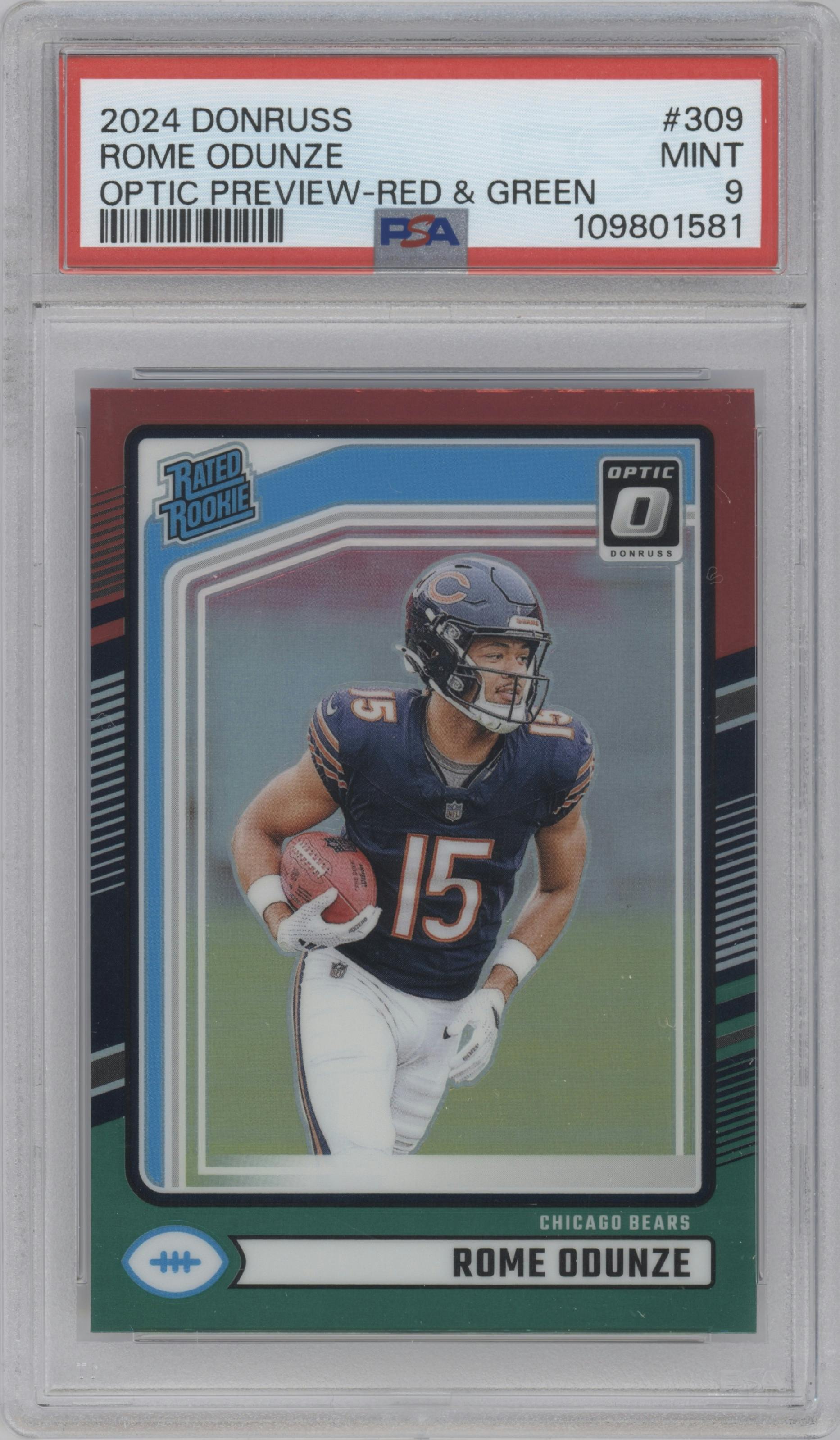 Rome Odunze from the 2024 Donruss set featuring a Red and Green parallel graded by PSA and given an overall grade of 9.