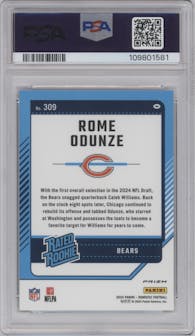 Rome Odunze from the 2024 Donruss set featuring a Red and Green parallel graded by PSA and given an overall grade of 9.