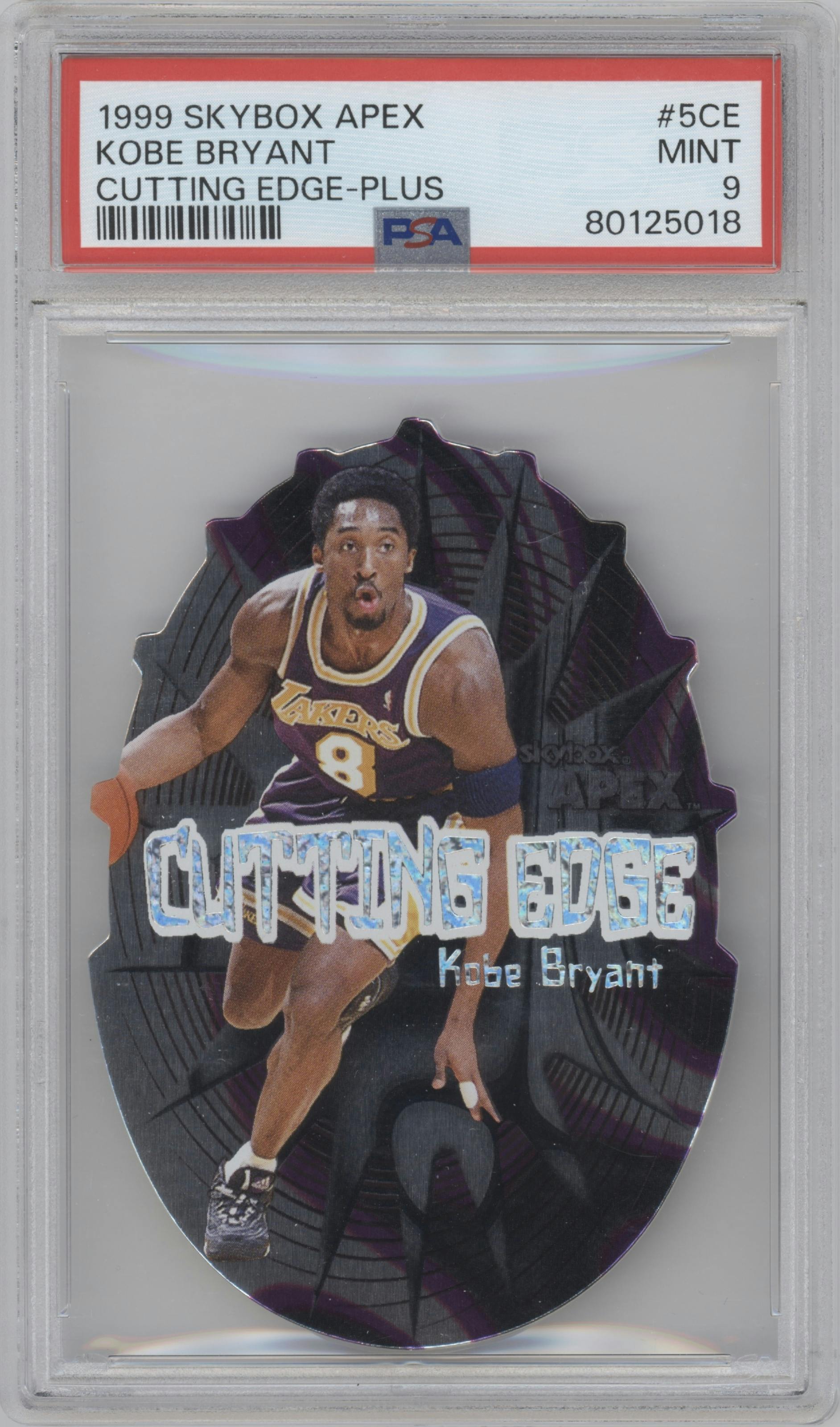 Kobe Bryant from the 1999-00 Skybox Apex set featuring a Plus parallel graded by PSA and given an overall grade of 9.