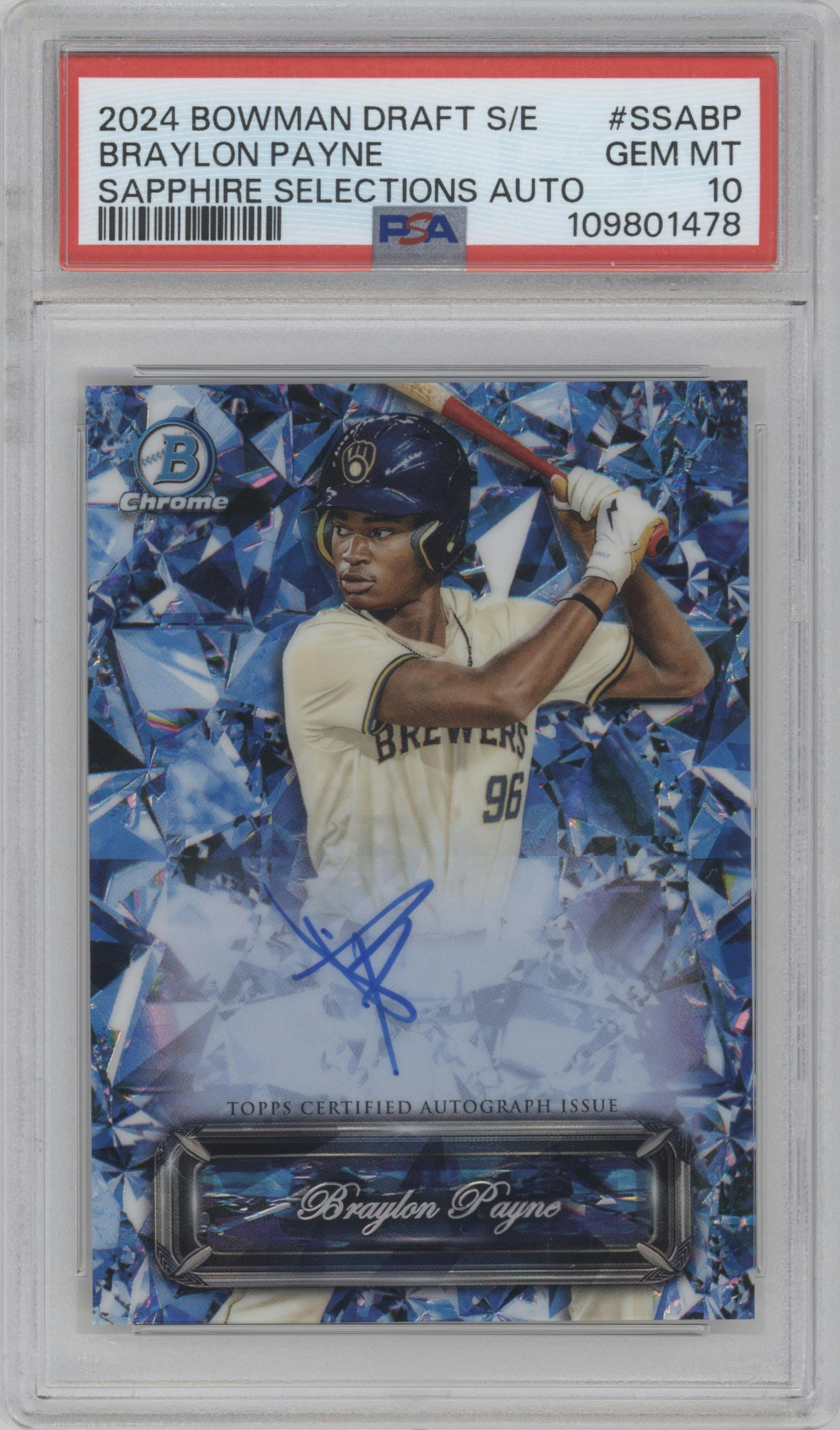 Braylon Payne from the 2024 Bowman Draft Sapphire Edition set graded by PSA and given an overall grade of 10.
