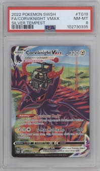 Corviknight VMAX from the 2022 Pokemon SWSH set graded by PSA and given an overall grade of 8.