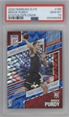 Brock Purdy  from the 2022 Panini Donruss Elite set featuring a Status Explosion parallel graded by PSA and given an overall grade of 10.