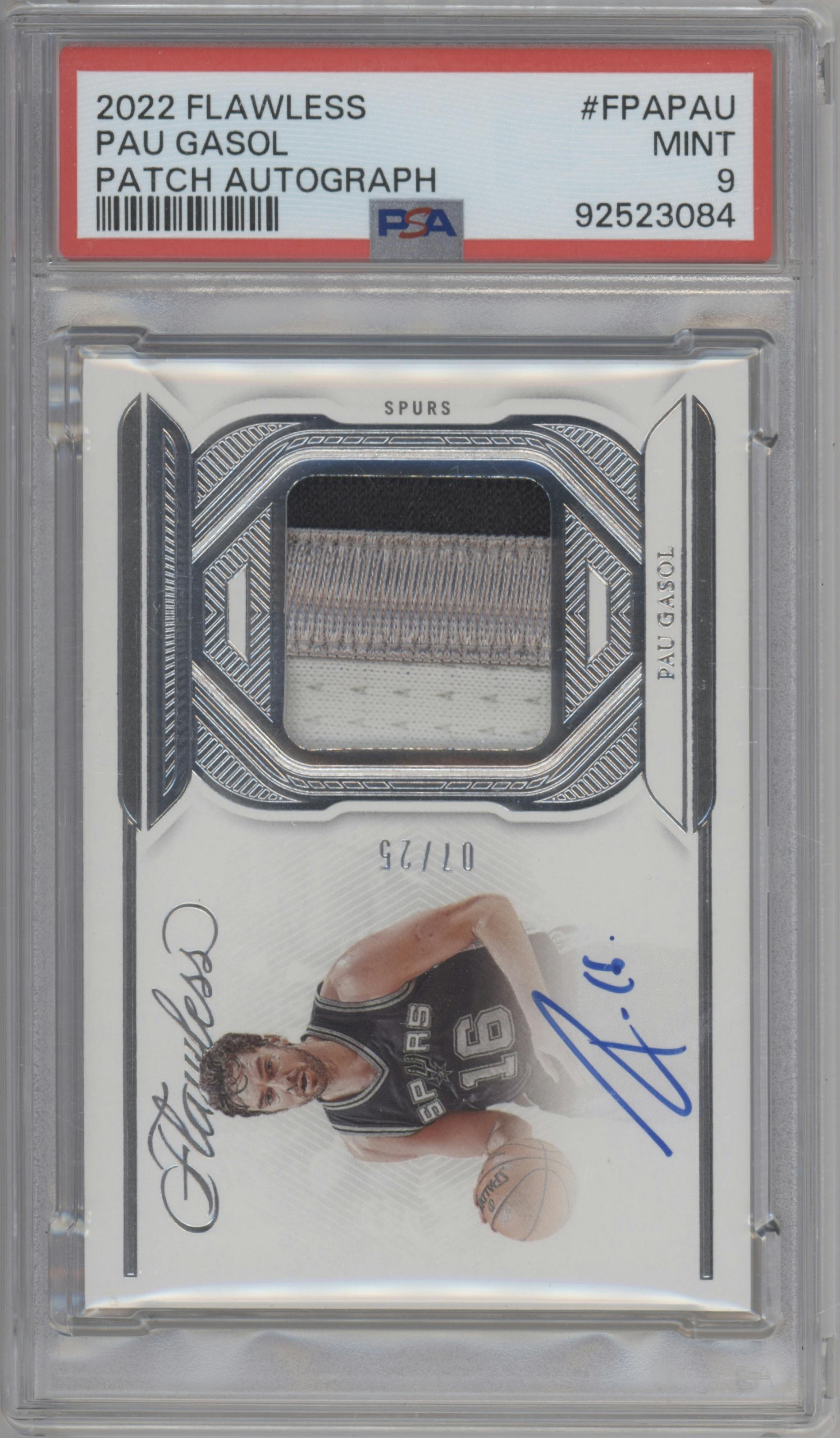 Pau Gasol from the 2022-23 Panini Flawless set graded by PSA and given an overall grade of 9.