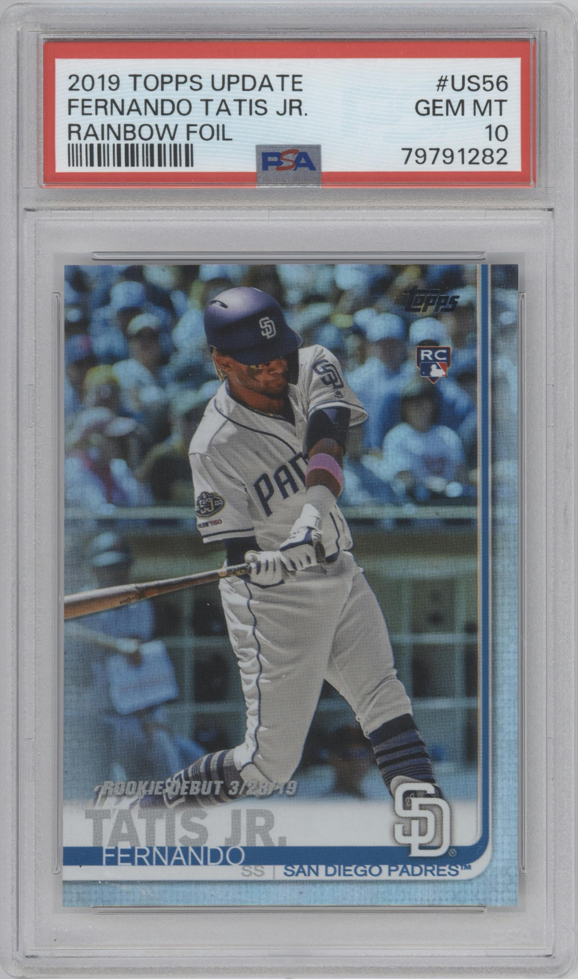 Fernando Tatis Jr. from the 2019 Topps Update  set featuring a Rainbow Foil parallel graded by PSA and given an overall grade of 10.