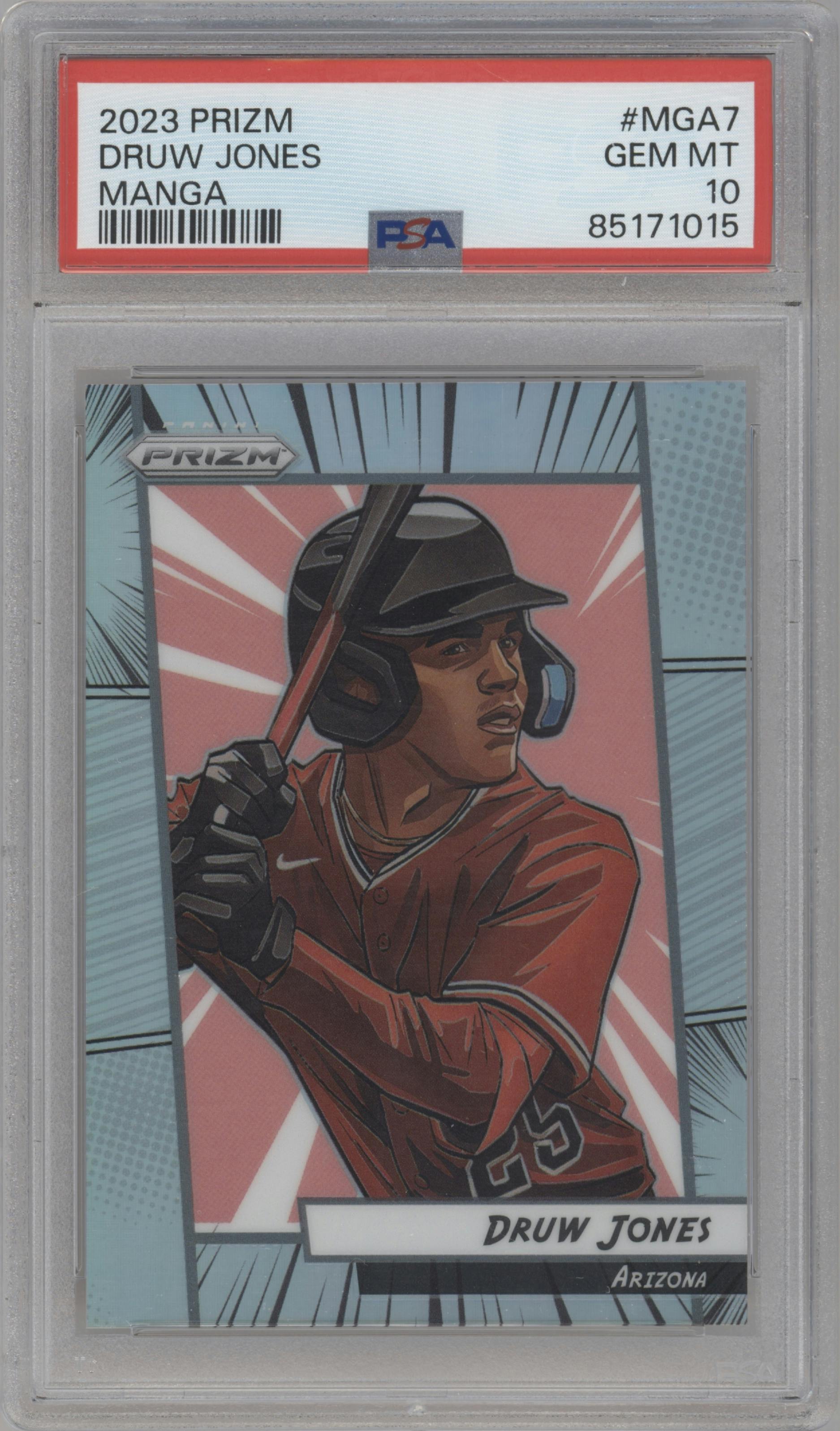 Druw Jones from the 2023 Panini Prizm set graded by PSA and given an overall grade of 10.