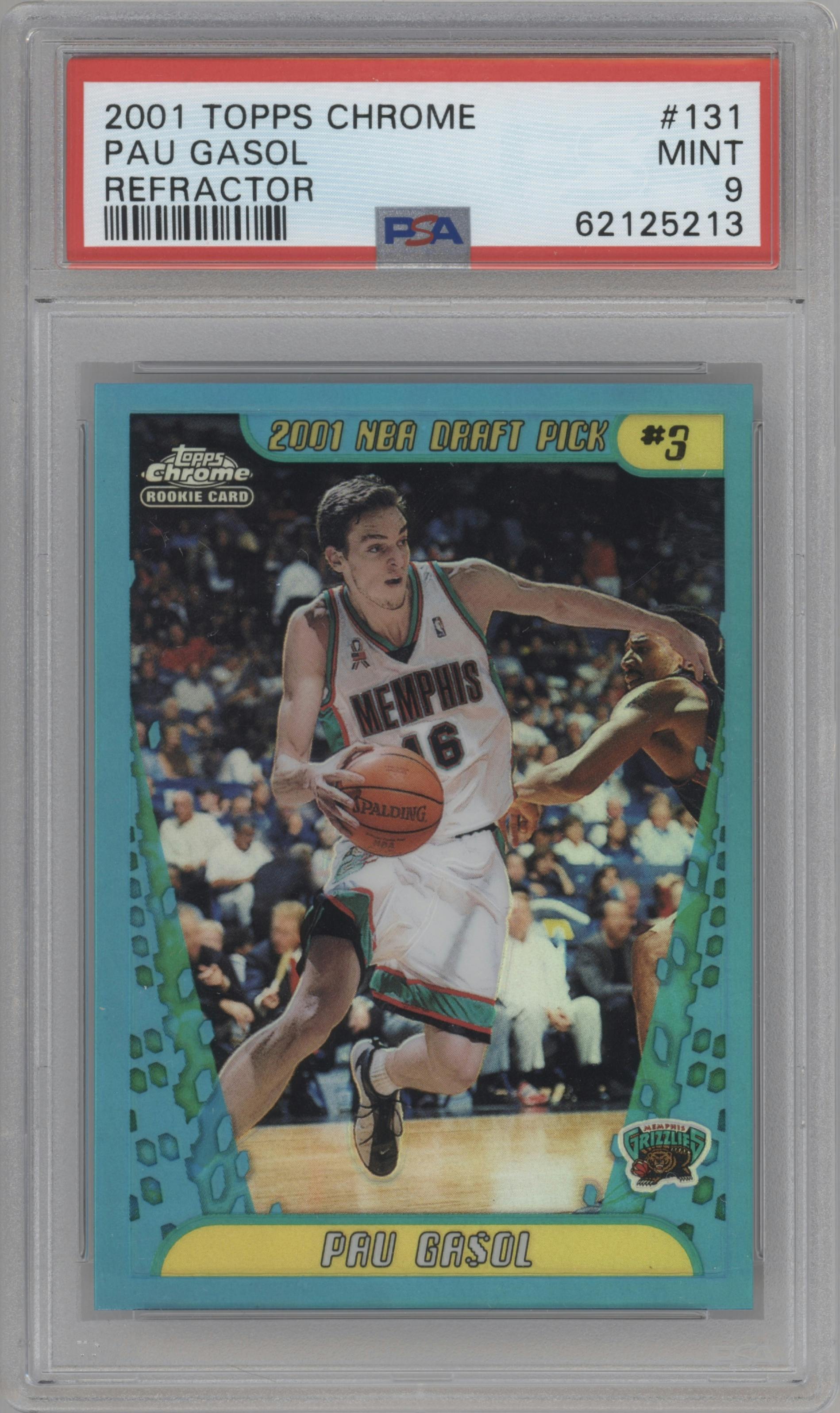 Pau Gasol from the 2001-02 Topps Chrome set featuring a Refractor parallel graded by PSA and given an overall grade of 9.